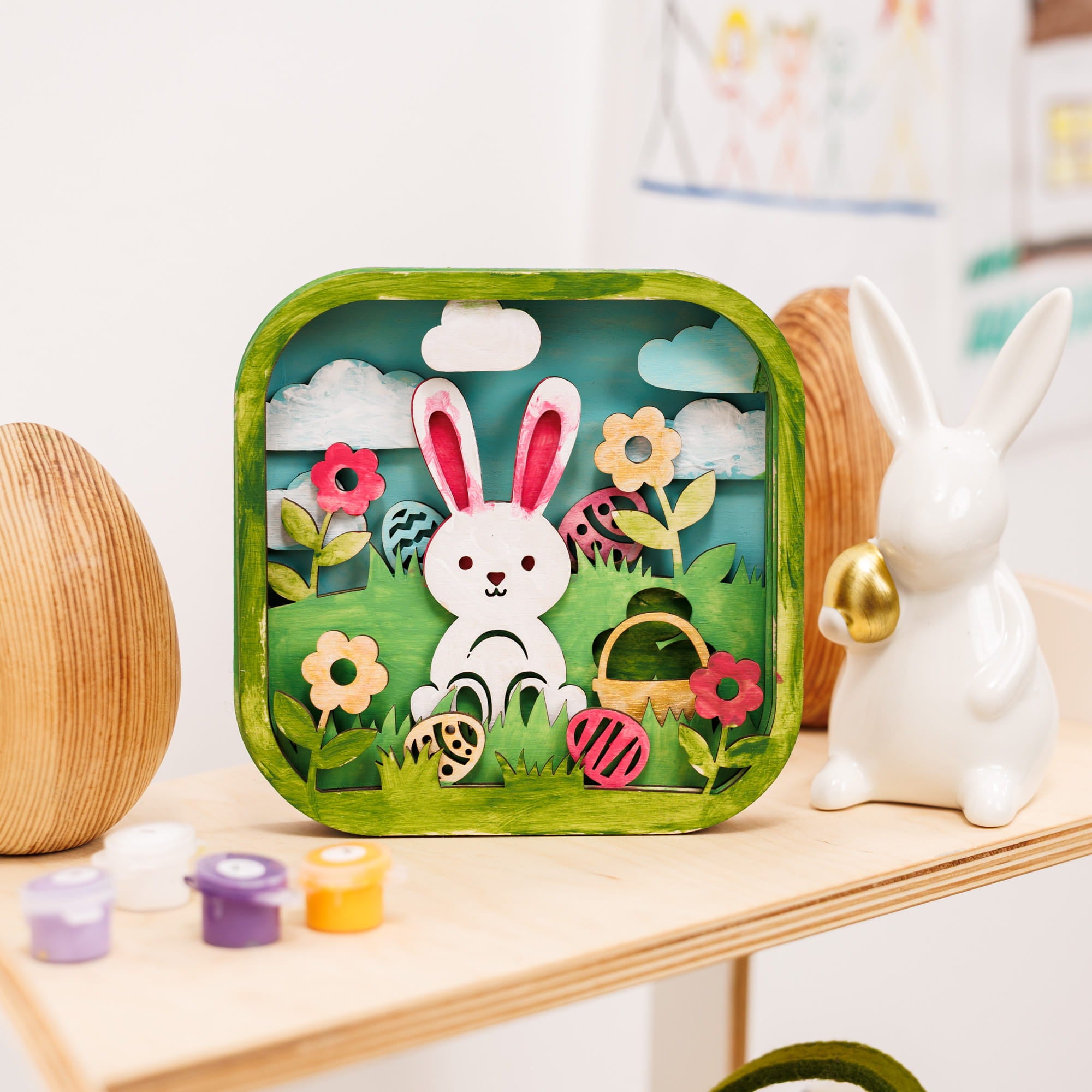 Children's toy with a rabbit design on a wooden shelf