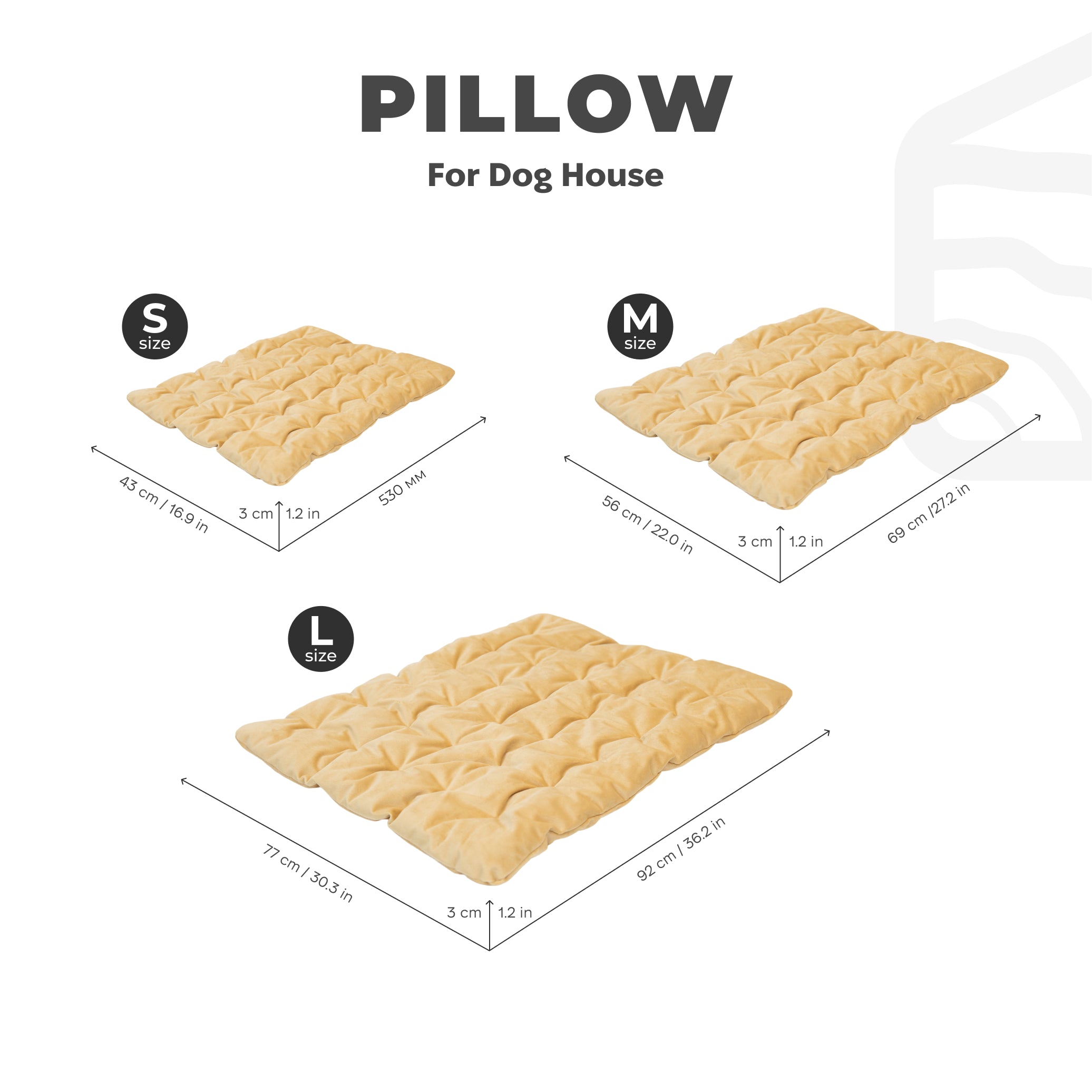 Dog house pillow with size chart on a white background