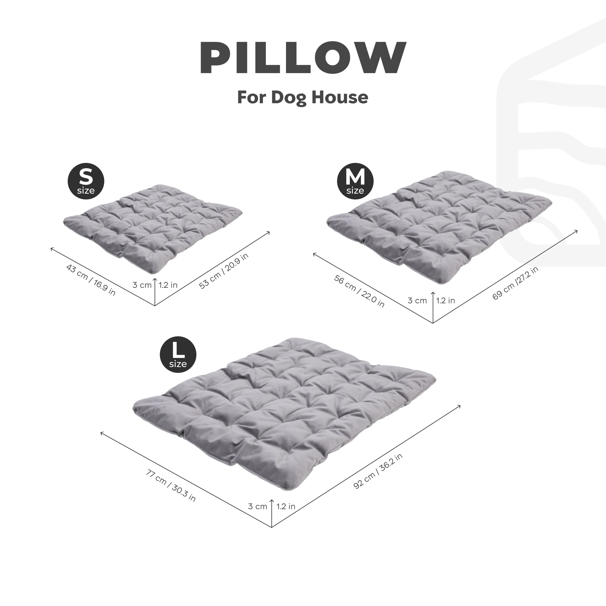 Gray pillow for dog house with size chart on a white background