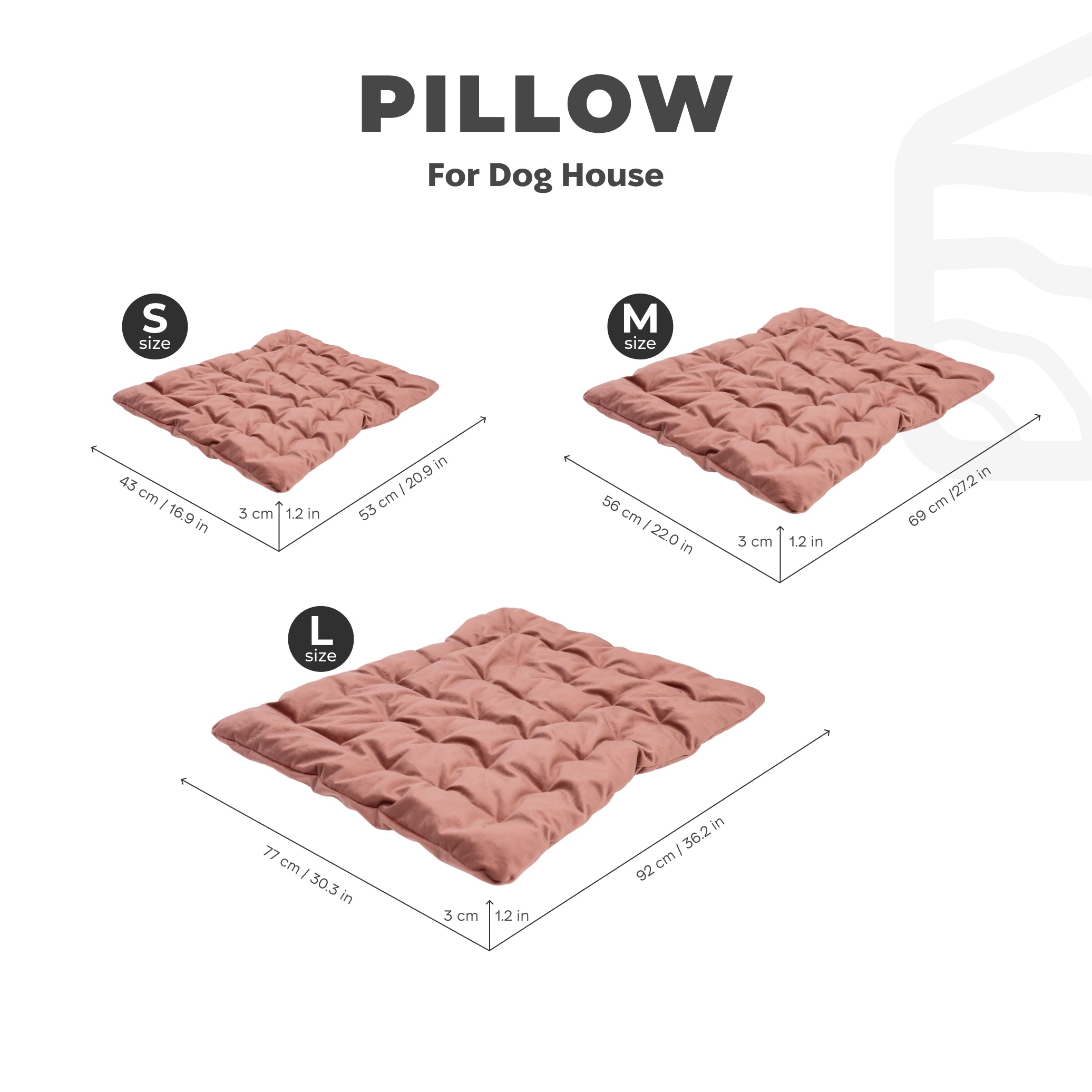 Pillow for dog house with size chart on a white background