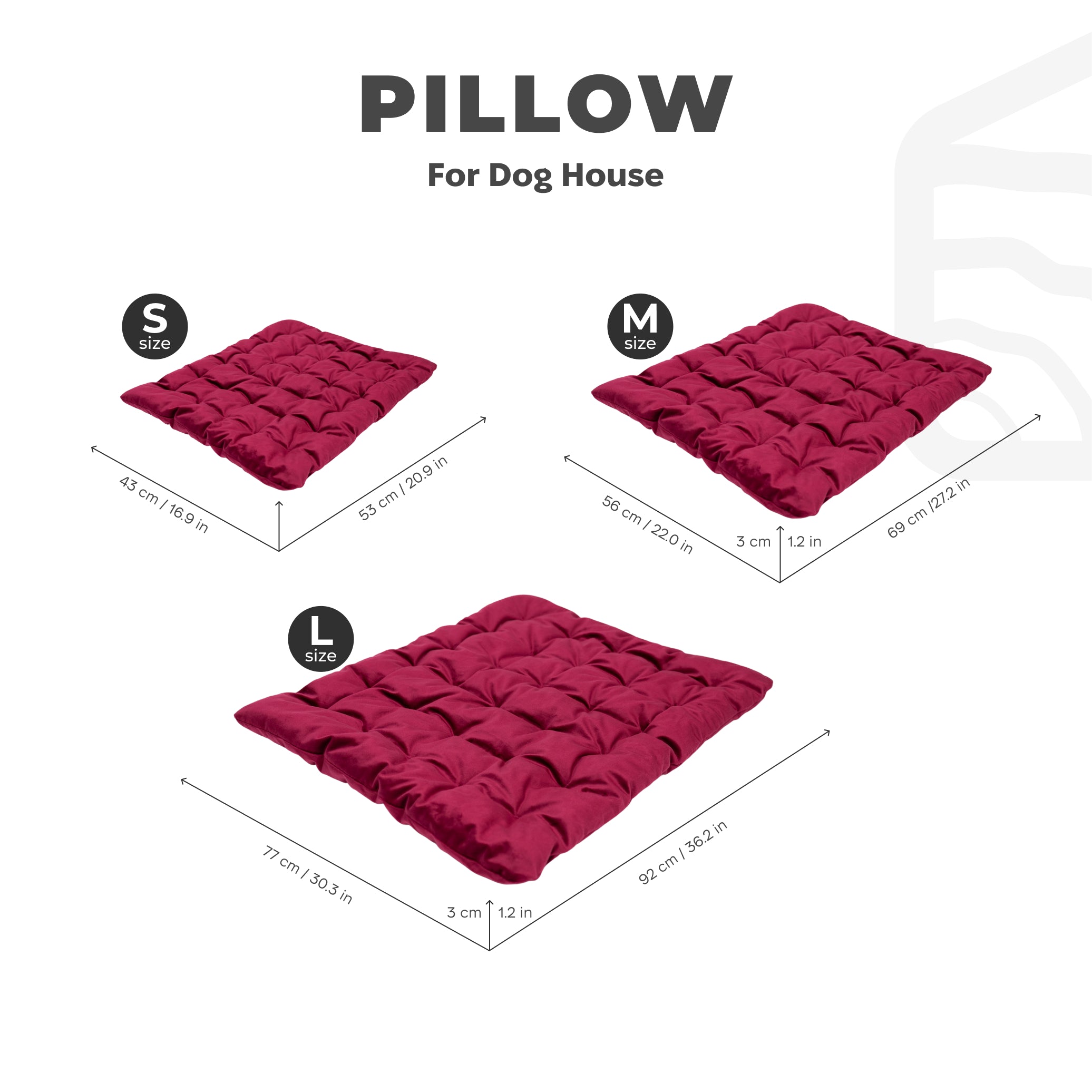 Red pillow for dog house with size chart on a white background