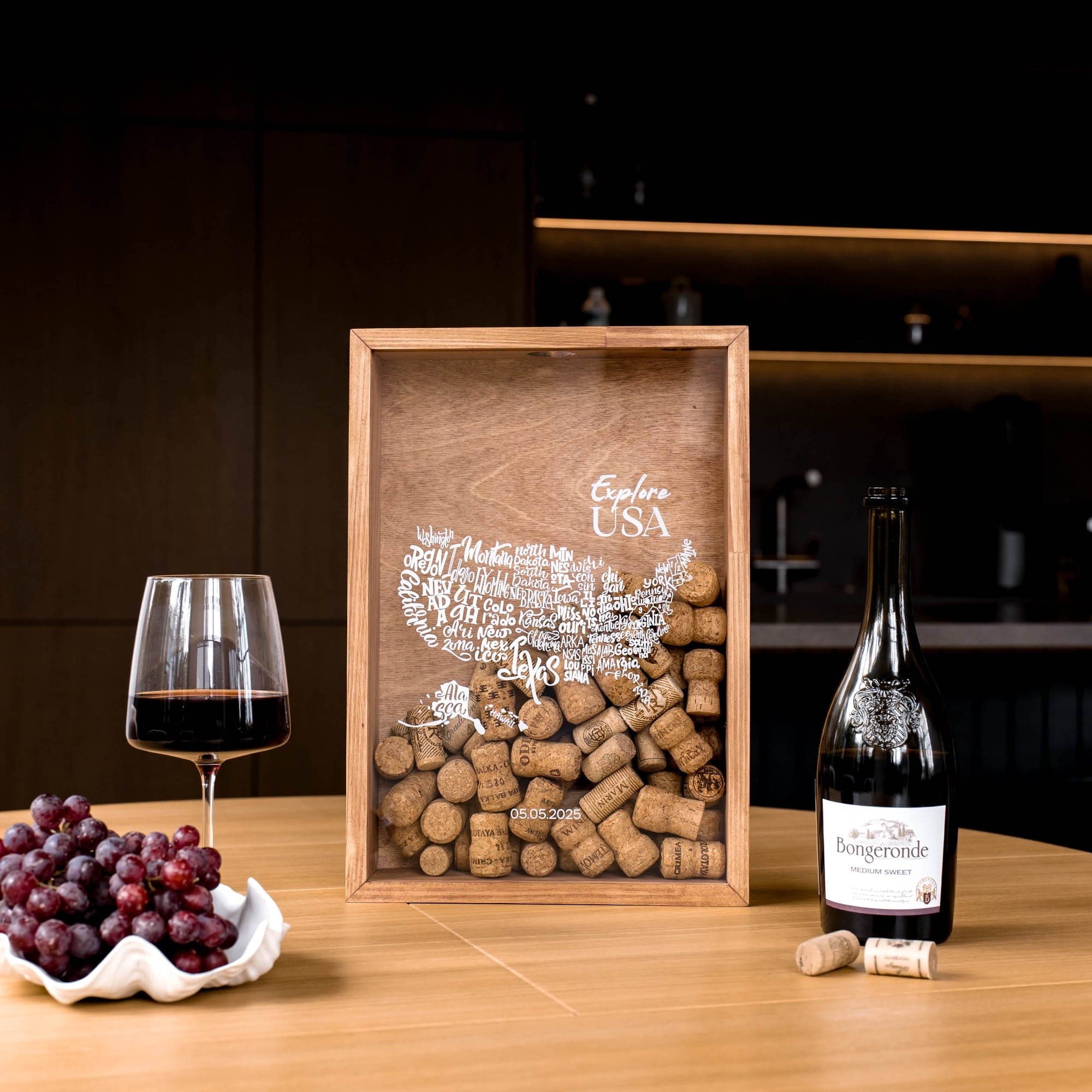 A wooden framed wine cork box