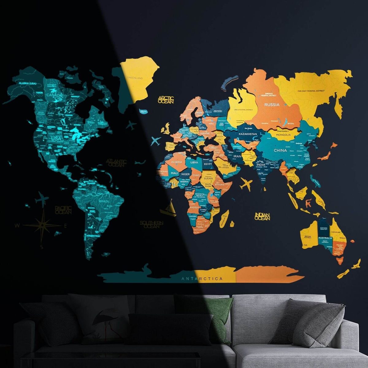 Color World Map Sticker 3D Luminous/Magnetic Colored Wooden World Map Indie