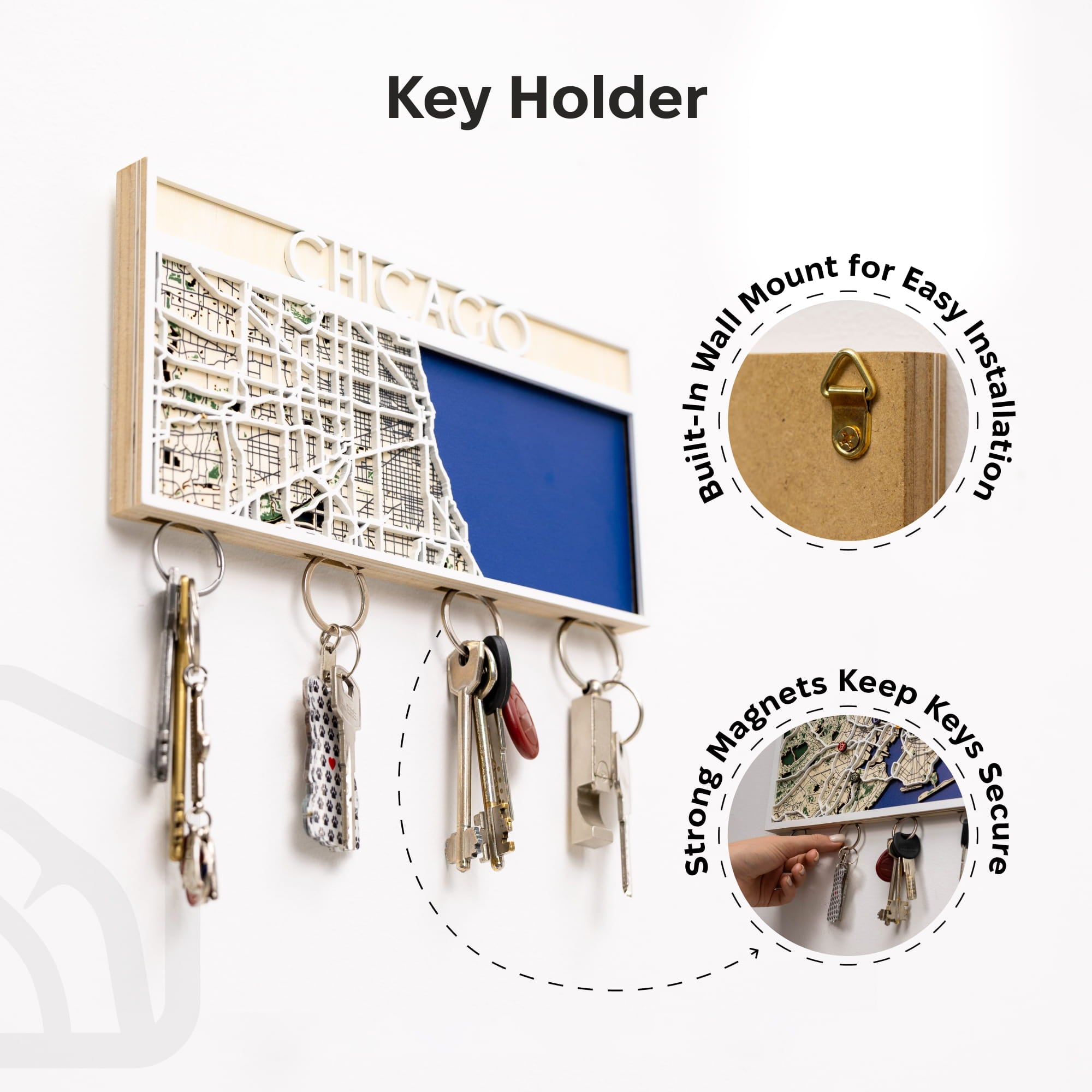 Key holder with map design, key hooks, and built-in wall mount feature.