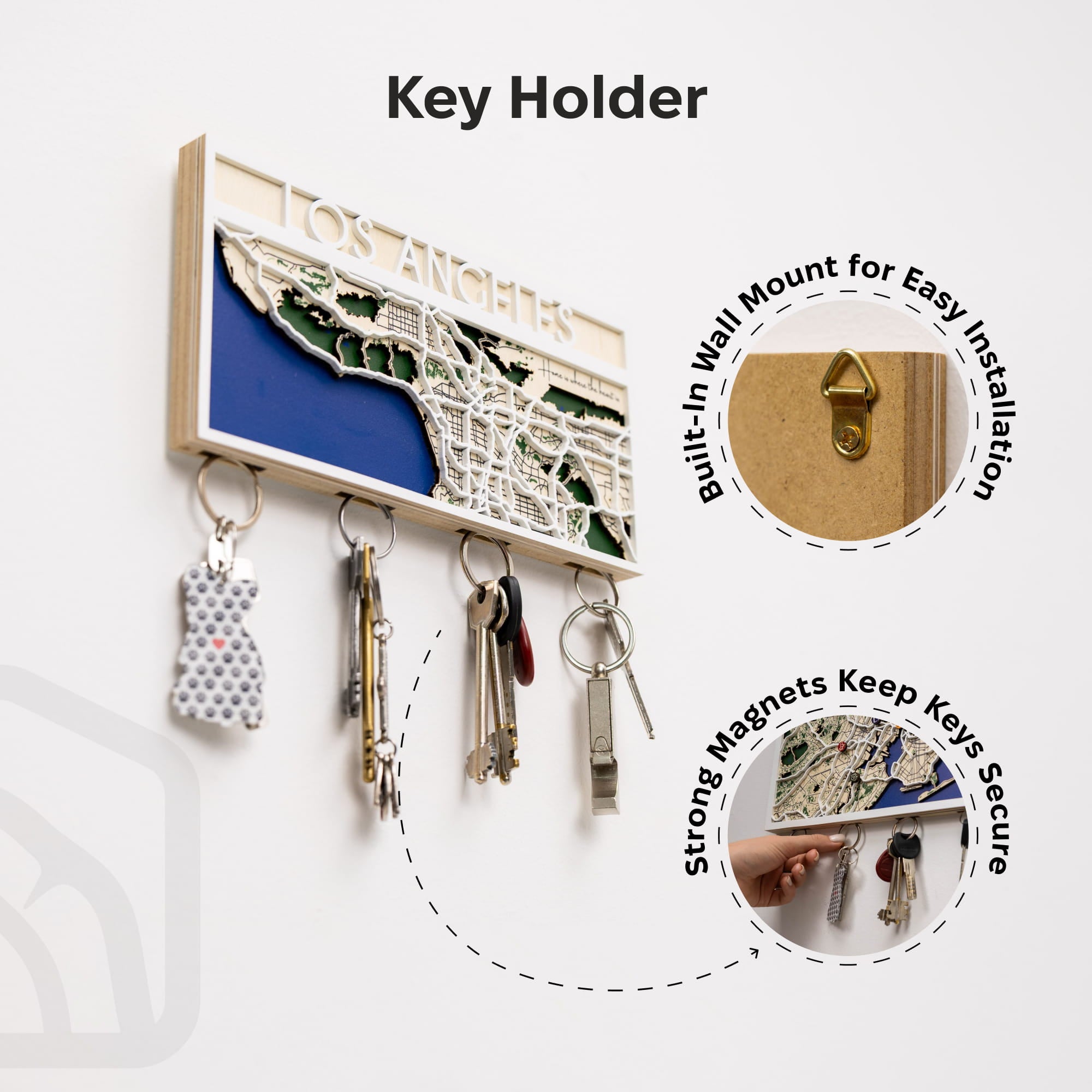 Key holder with built-in magnets for key storage on a white background