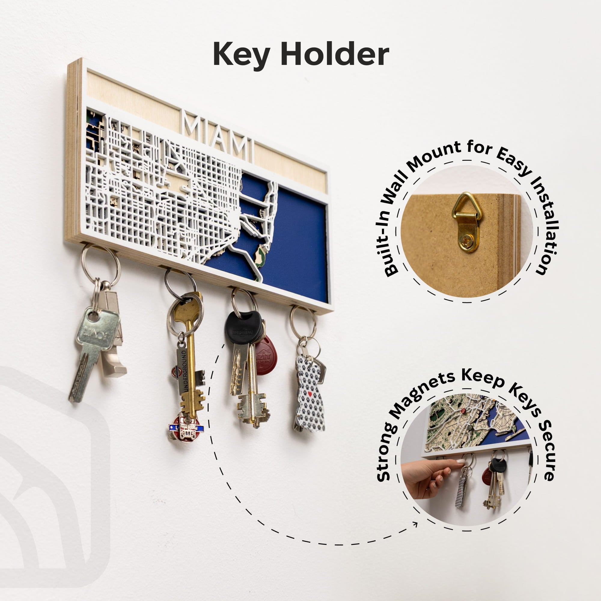 Key holder with built-in magnets for key storage on a white background