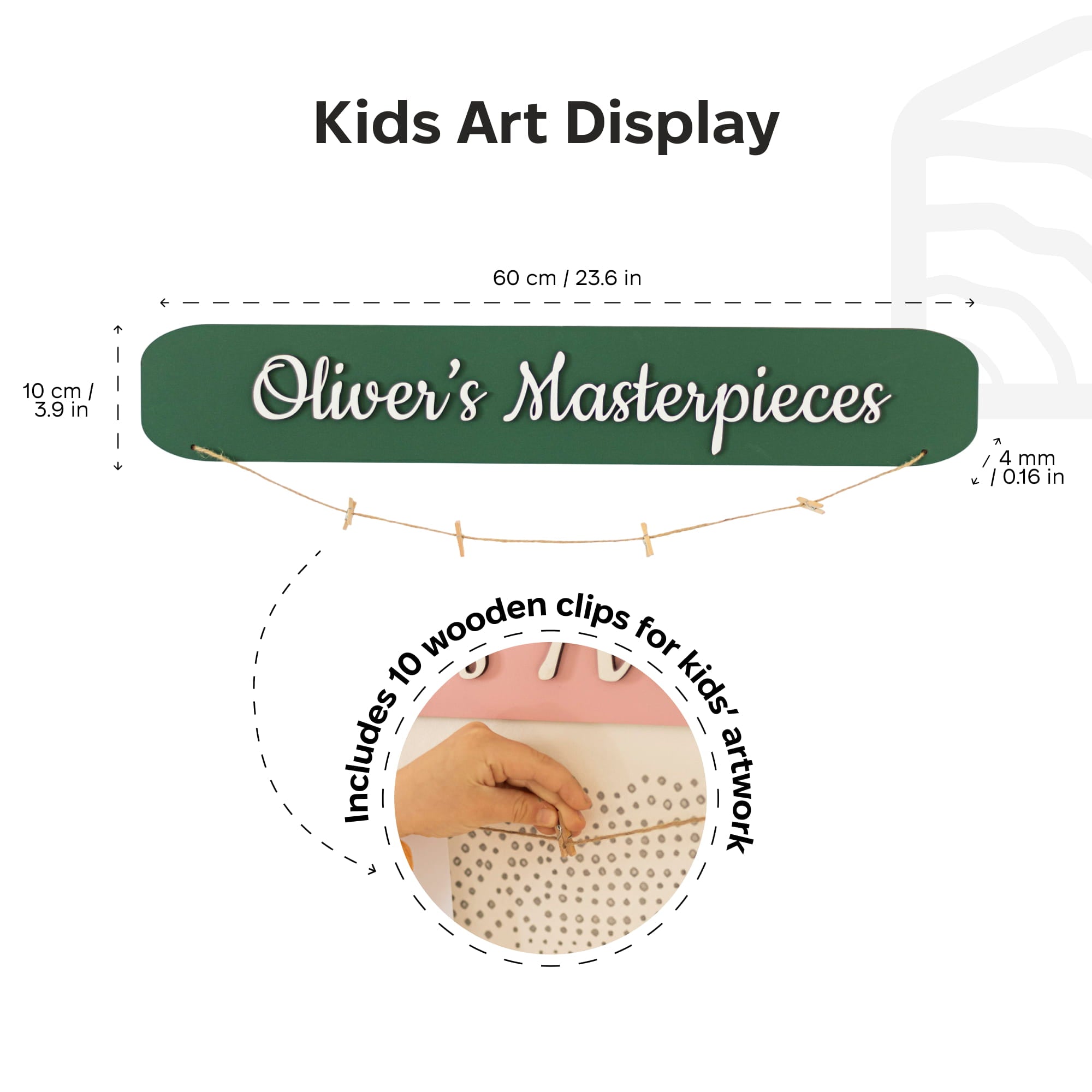 Children's art display with 'Oliver's Masterpieces' sign and wooden clips.