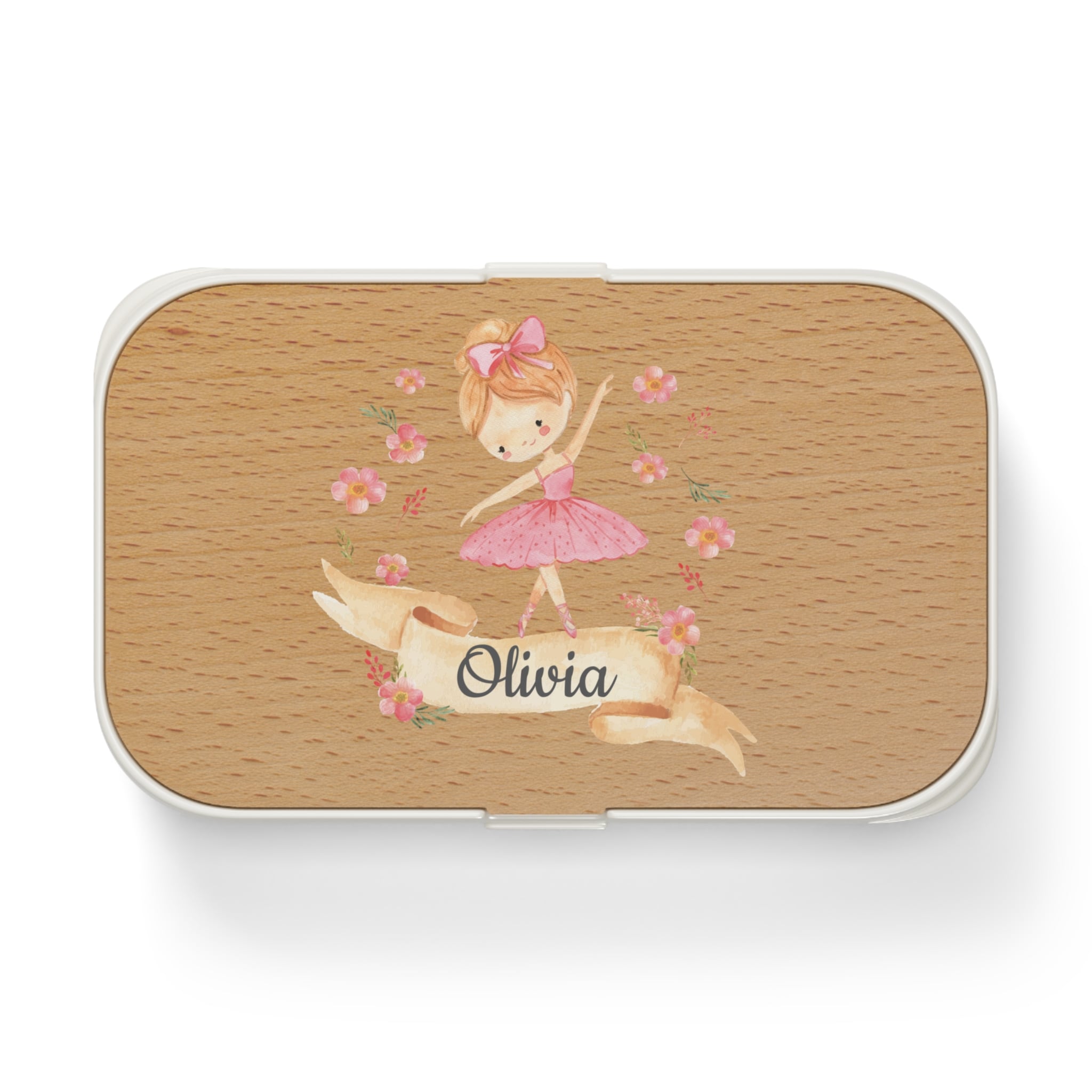 Wooden box with a ballerina design and 'Olivia' text on a white background