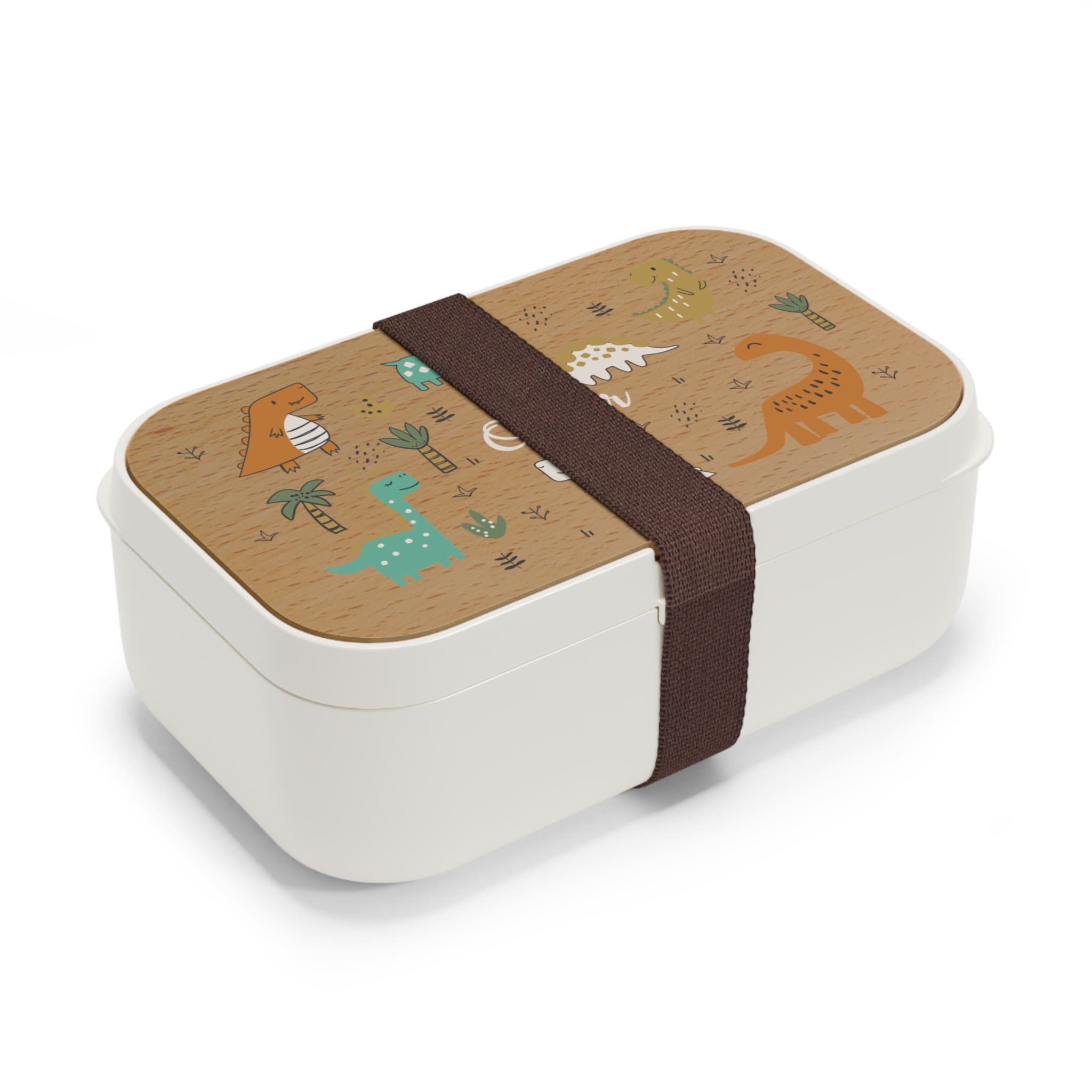 Bento box with dinosaur design on a wooden lid, white base, and brown strap.
