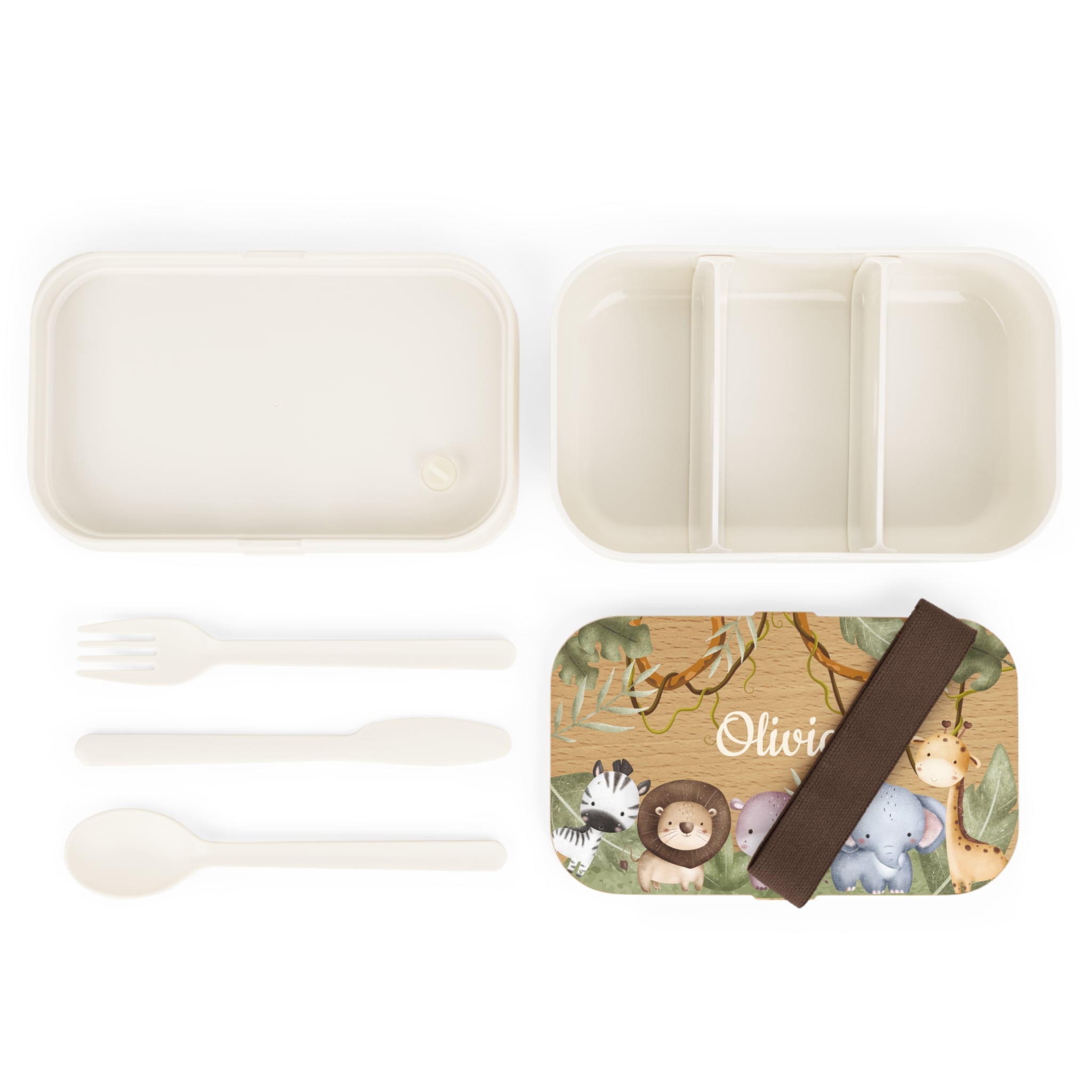 Set of eco-friendly cutlery and containers with a 'Olivia' label on a white background