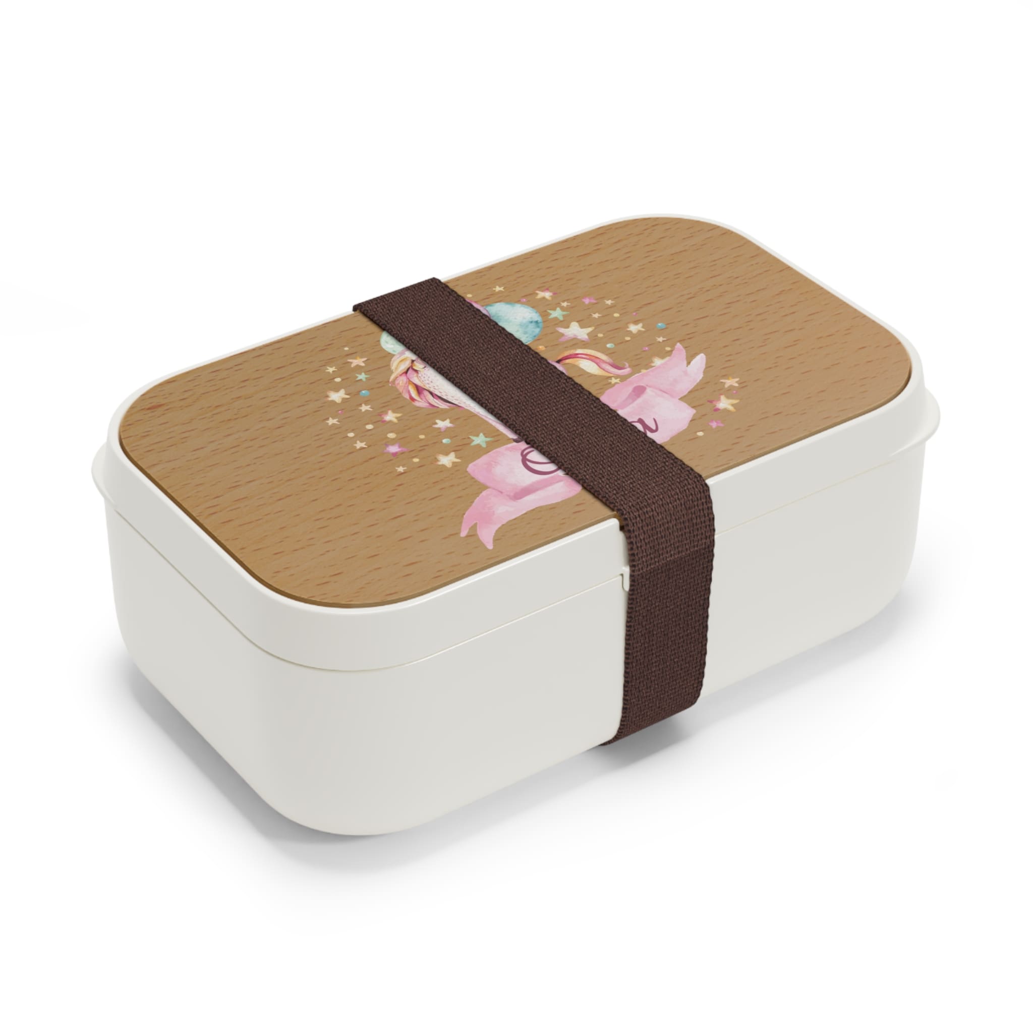 Lunch box with wooden lid and pink unicorn design on a white background