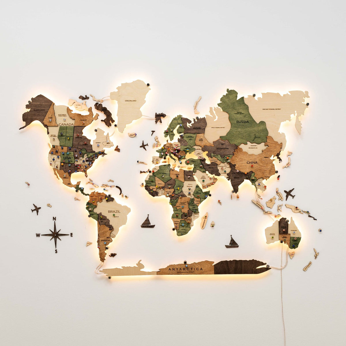 3D LED Carte du monde en bois 3.0 multicolore