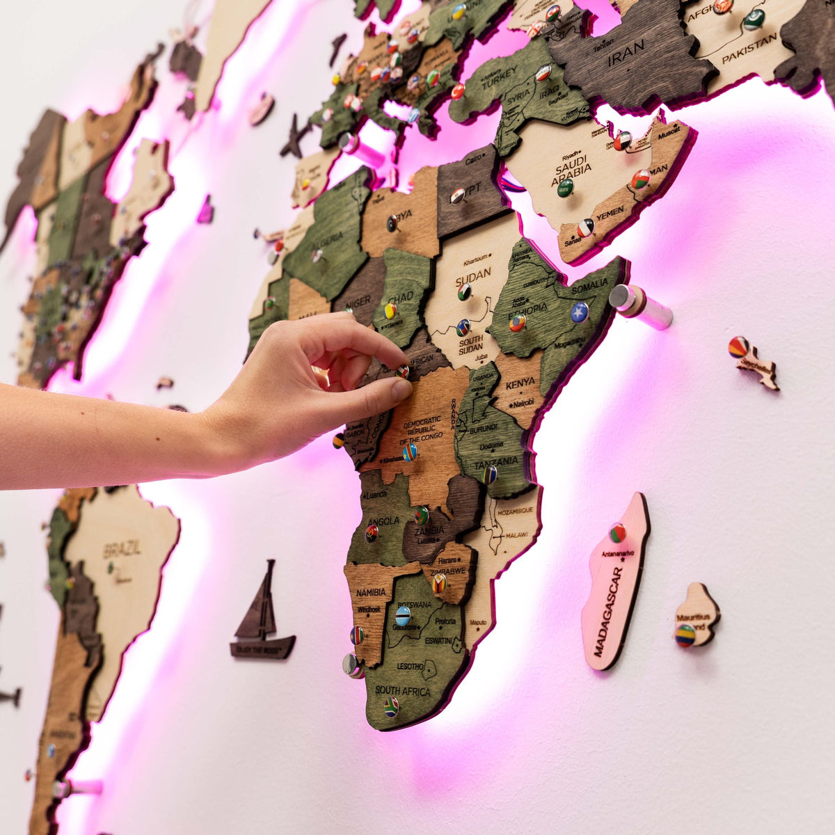 3D LED Carte du monde en bois 3.0 multicolore