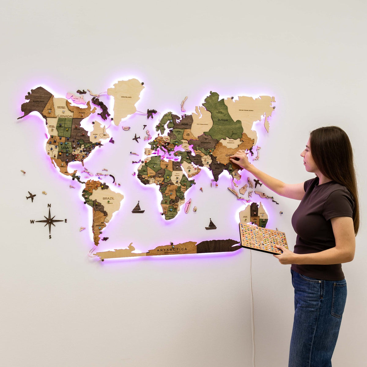 3D LED Carte du monde en bois 3.0 multicolore