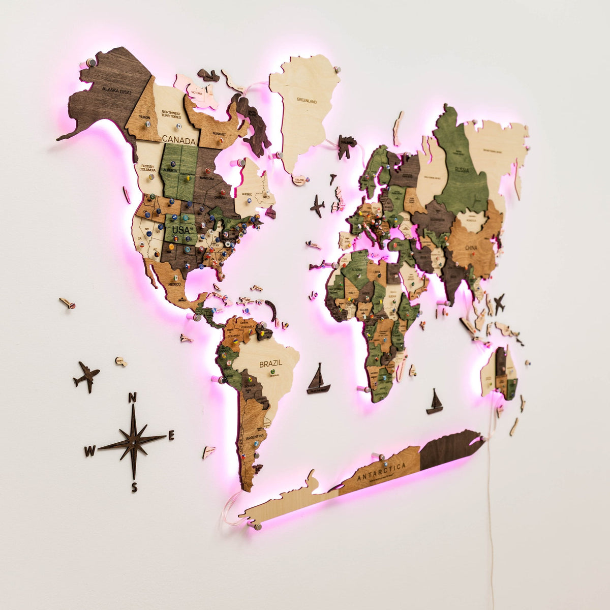 3D LED Carte du monde en bois 3.0 multicolore