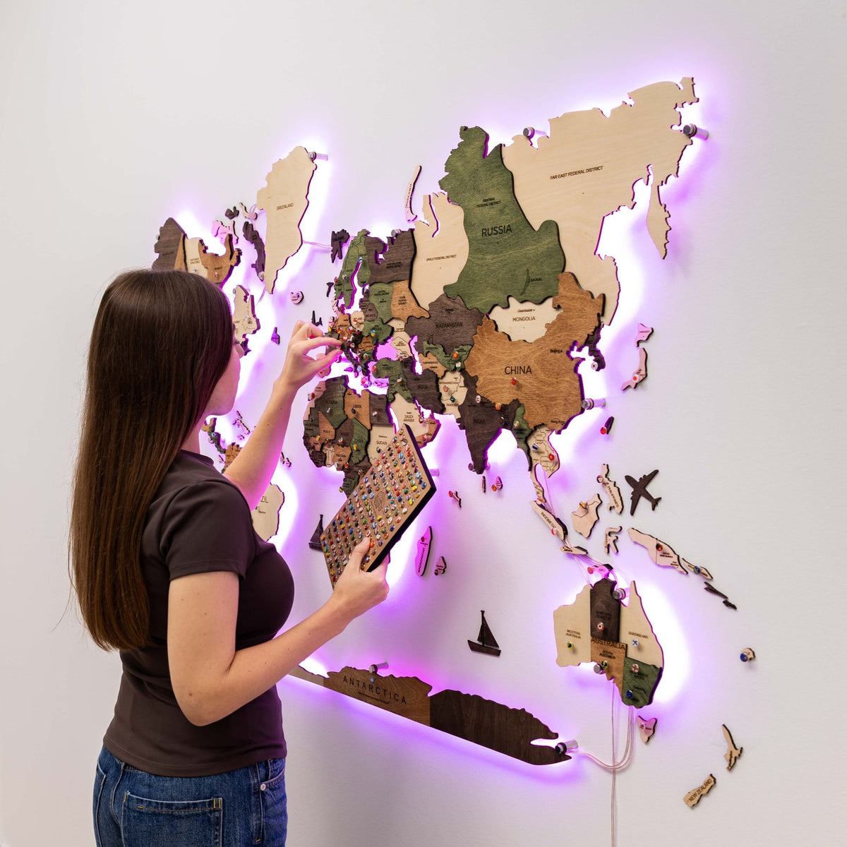 3D LED Carte du monde en bois 3.0 multicolore