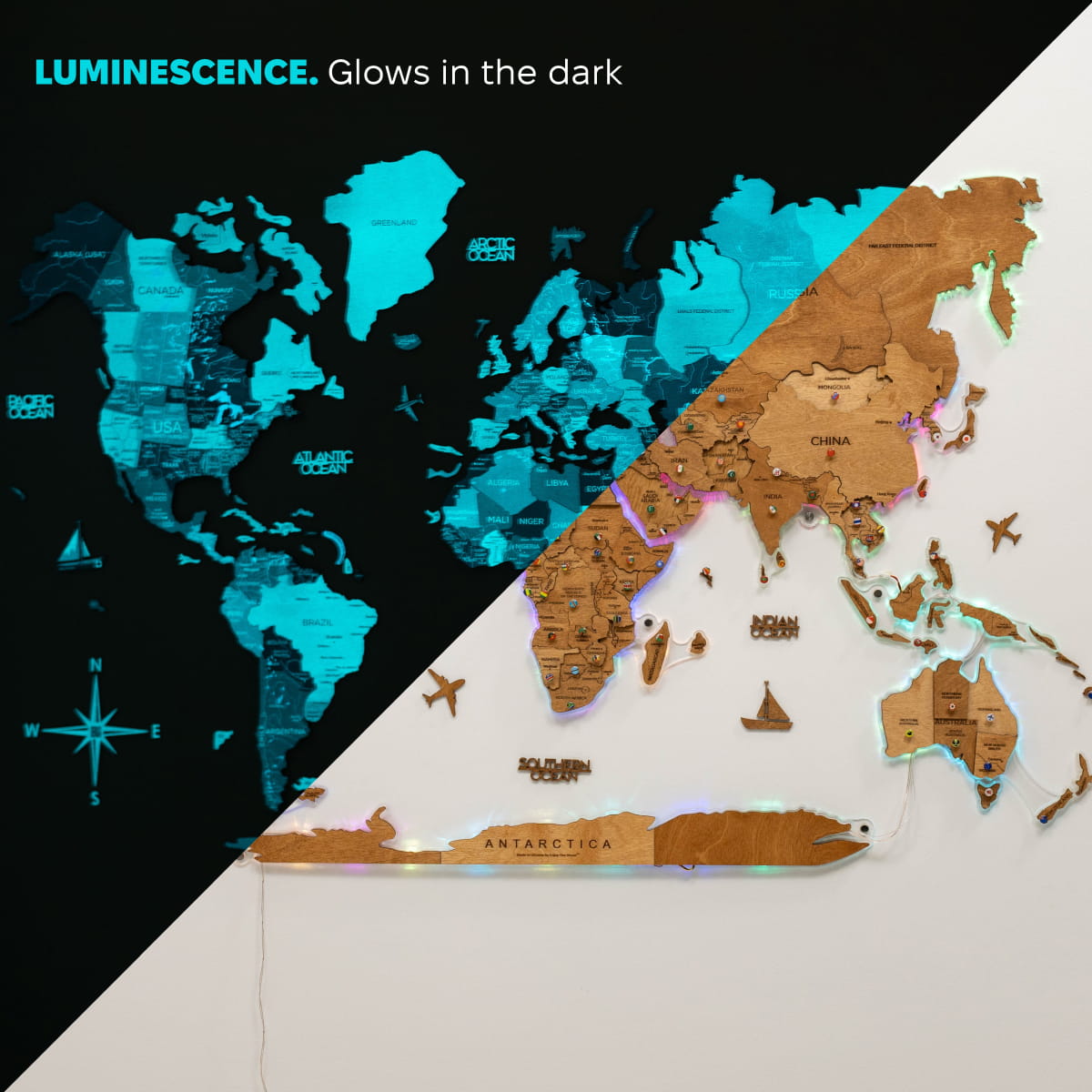3D LED Wooden World Map 2.0 Oak | Enjoy The Wood