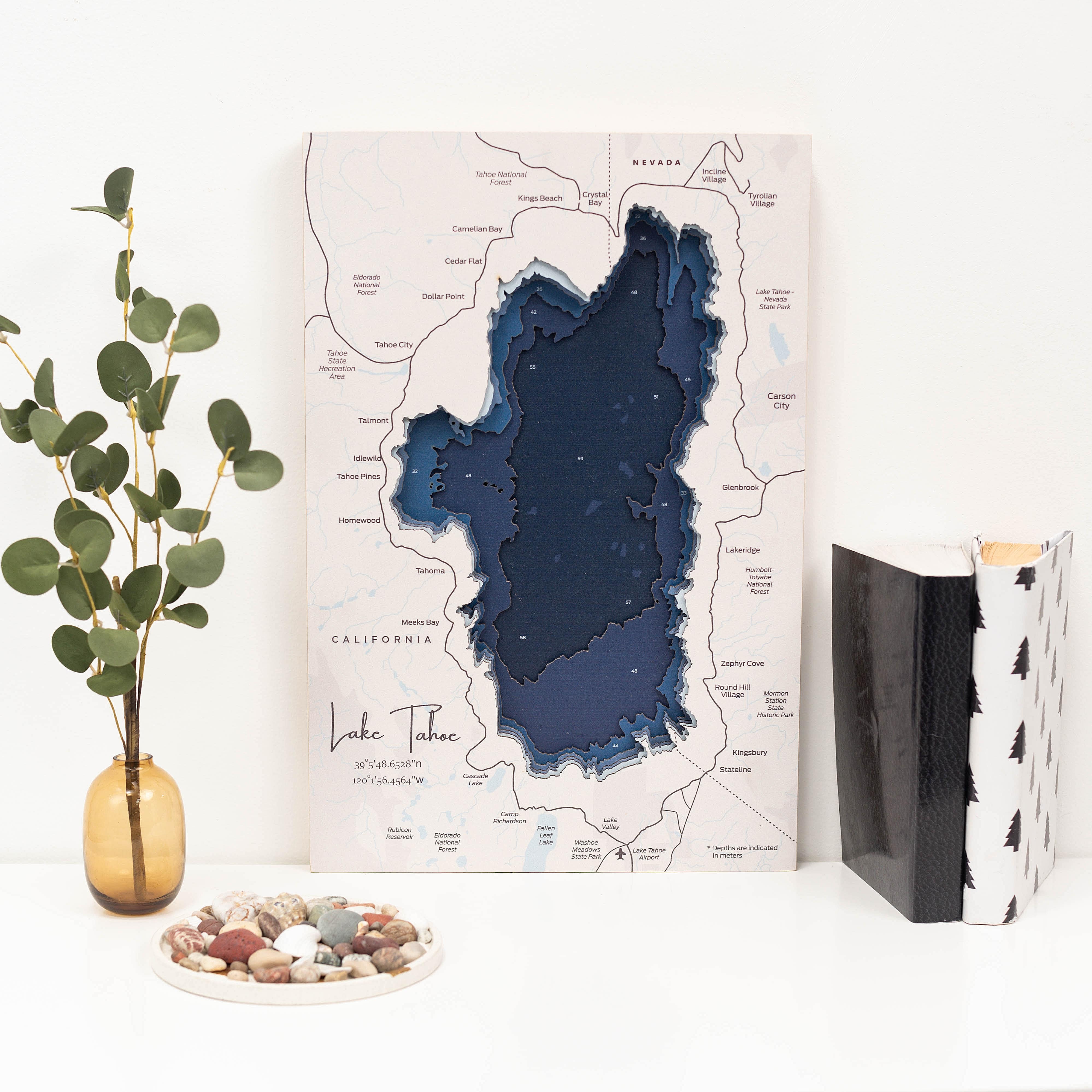 Map of Lake Tahoe with a plant and decorative items on a white surface