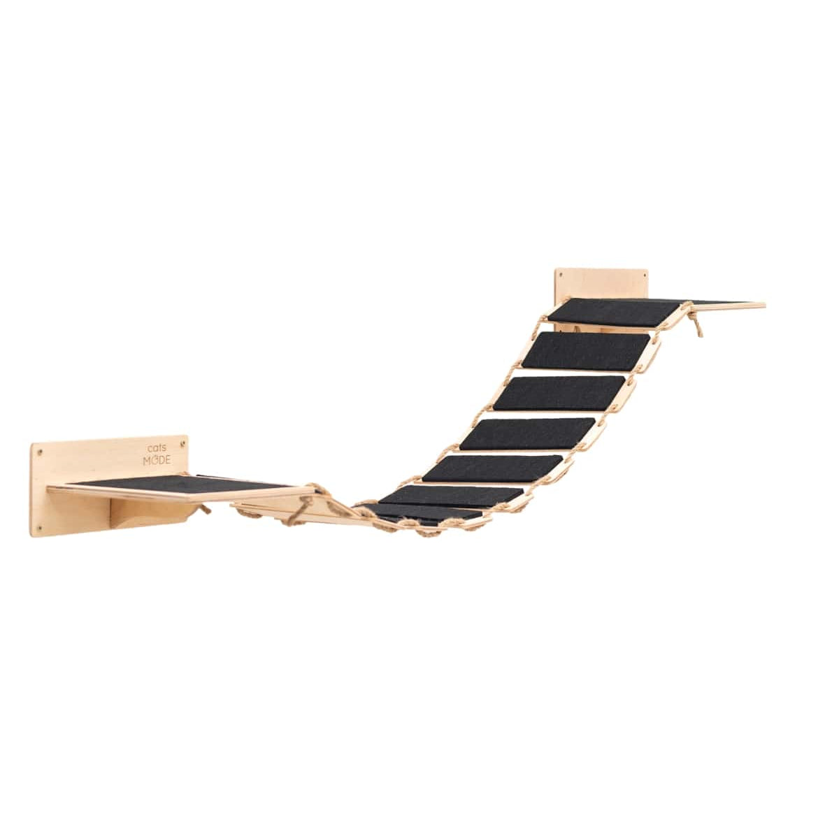wall cat bridge in light wood color covered with black felt