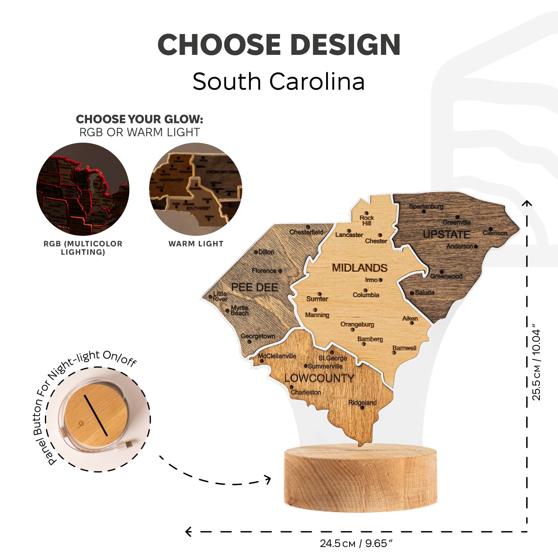Wooden map of South Carolina with lighting options on a white background