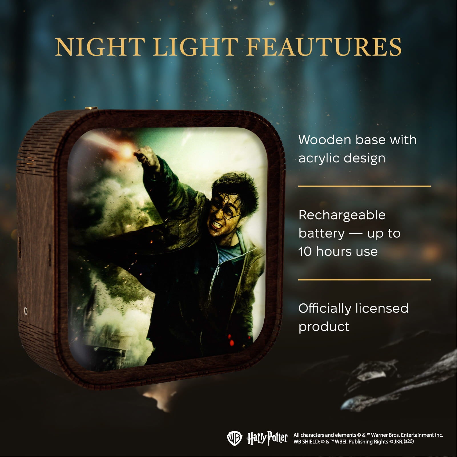 Lámpara de noche de madera y acrílico de Harry Potter - Luz de Expelliarmus