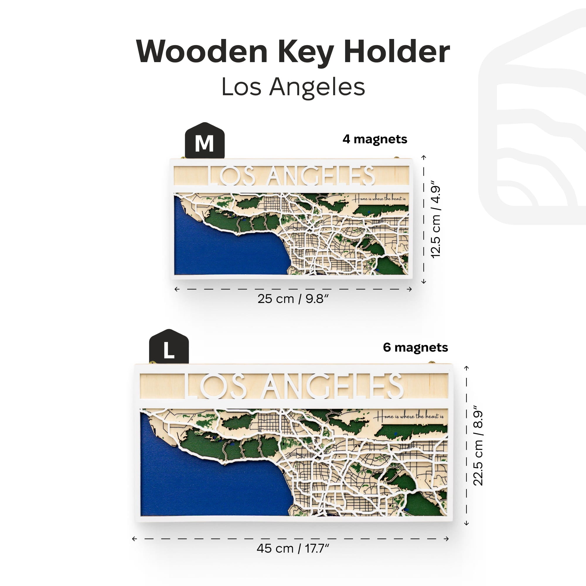 Wooden key holder with Los Angeles map design and measurements on a white background