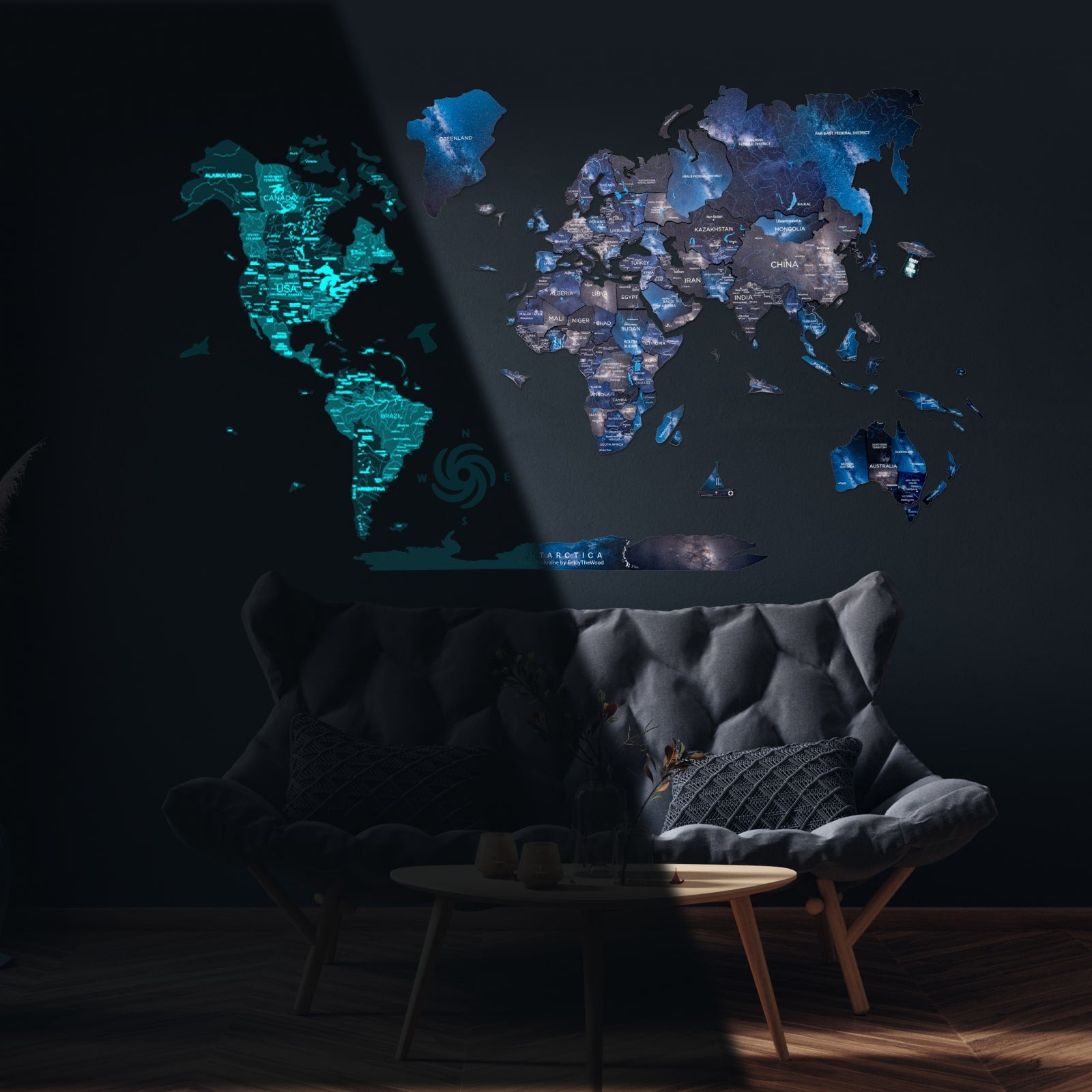 3D Luminous/Magnetic Colored Wooden World Map Space