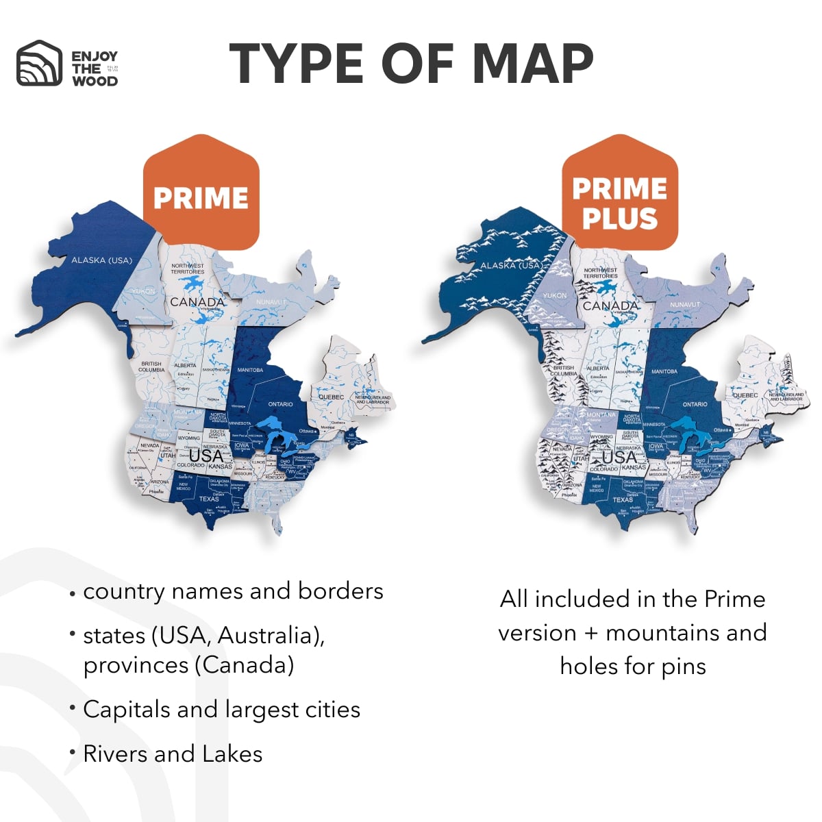 Two maps of the USA with labels for Prime and Prime Plus versions, showing included details.