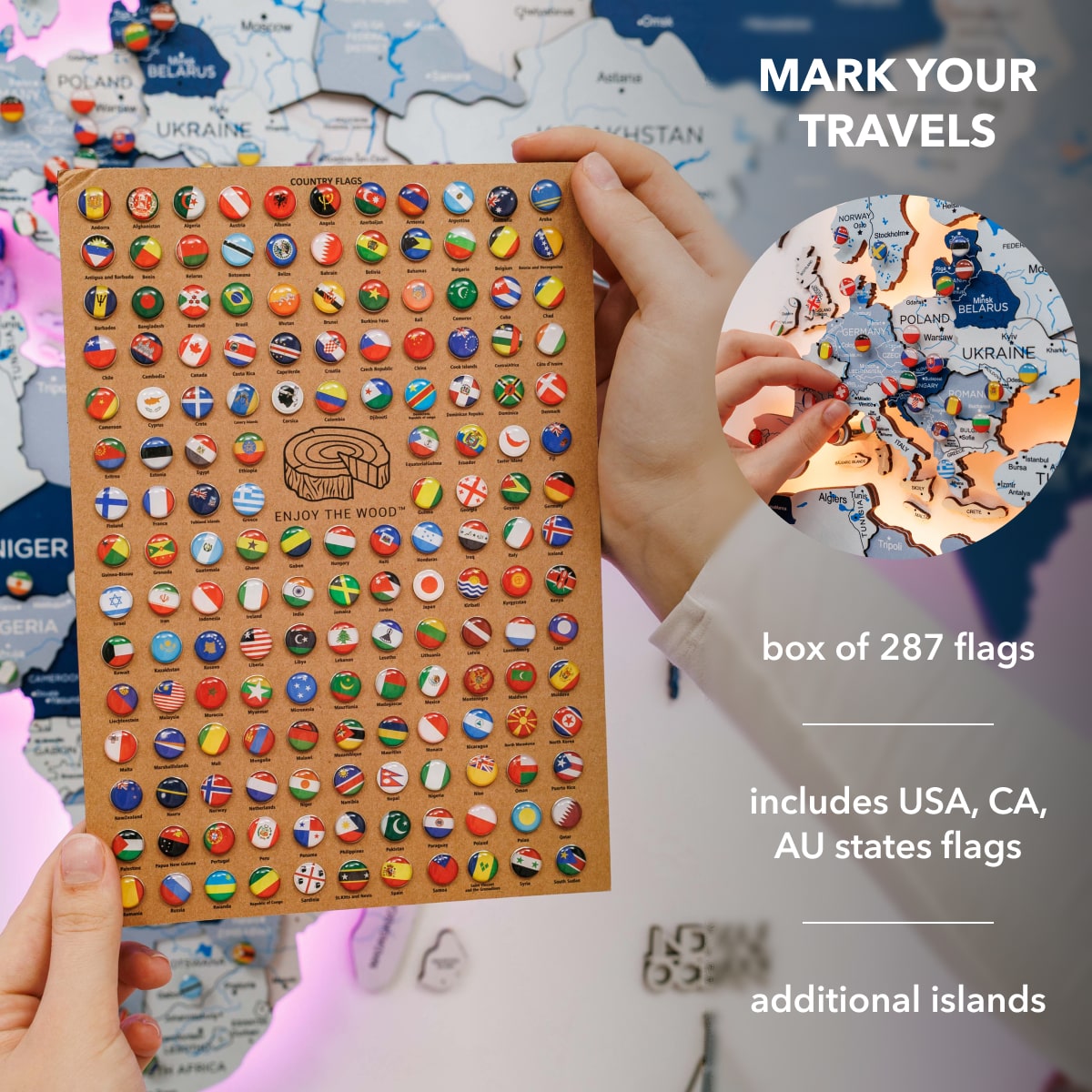 Box of 287 world flags with a map in the background