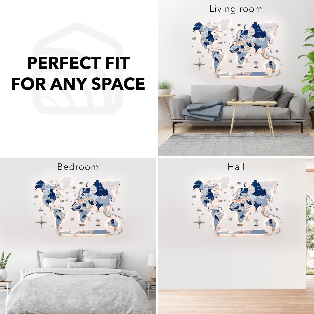 World map wall art displayed in various rooms with text 'Perfect Fit for Any Space'.