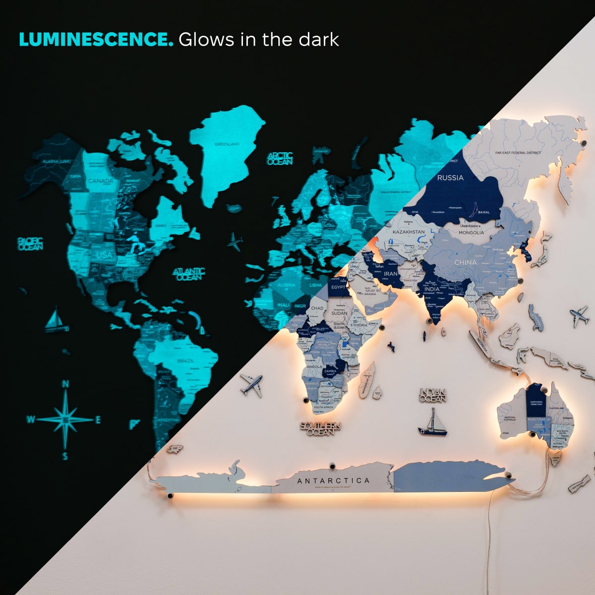 World map with luminescence feature, glowing in dark on black background