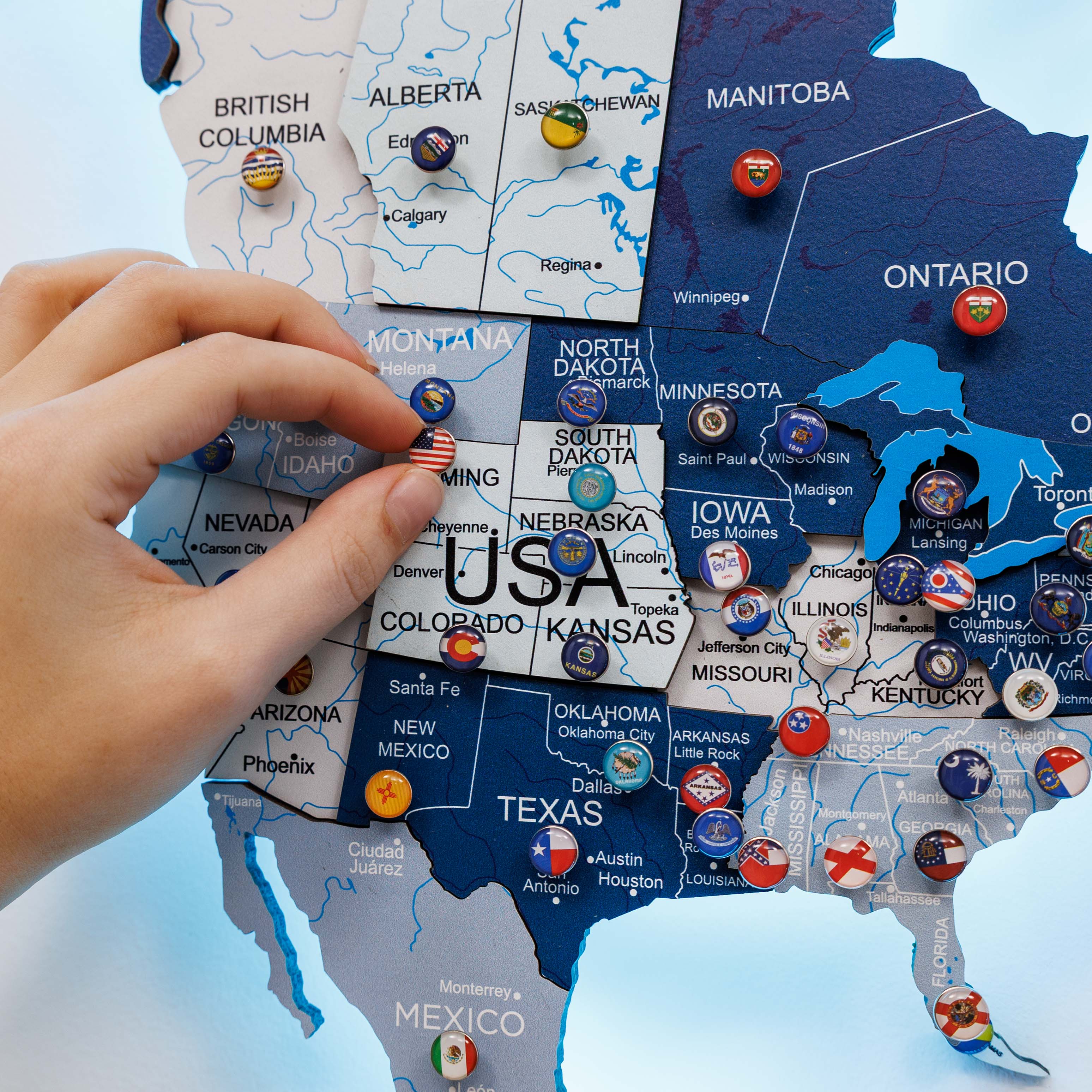 Map of the United States with pins marking various locations