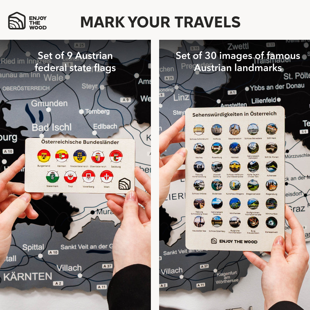 Two sets of travel-themed products displayed against a map of Austria, with 'Enjoy The Wood' branding.