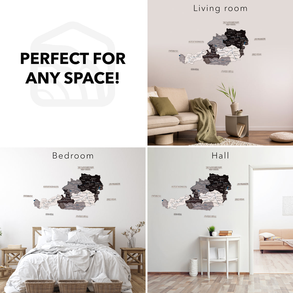 Wall decal application examples in living room, bedroom, and hall.