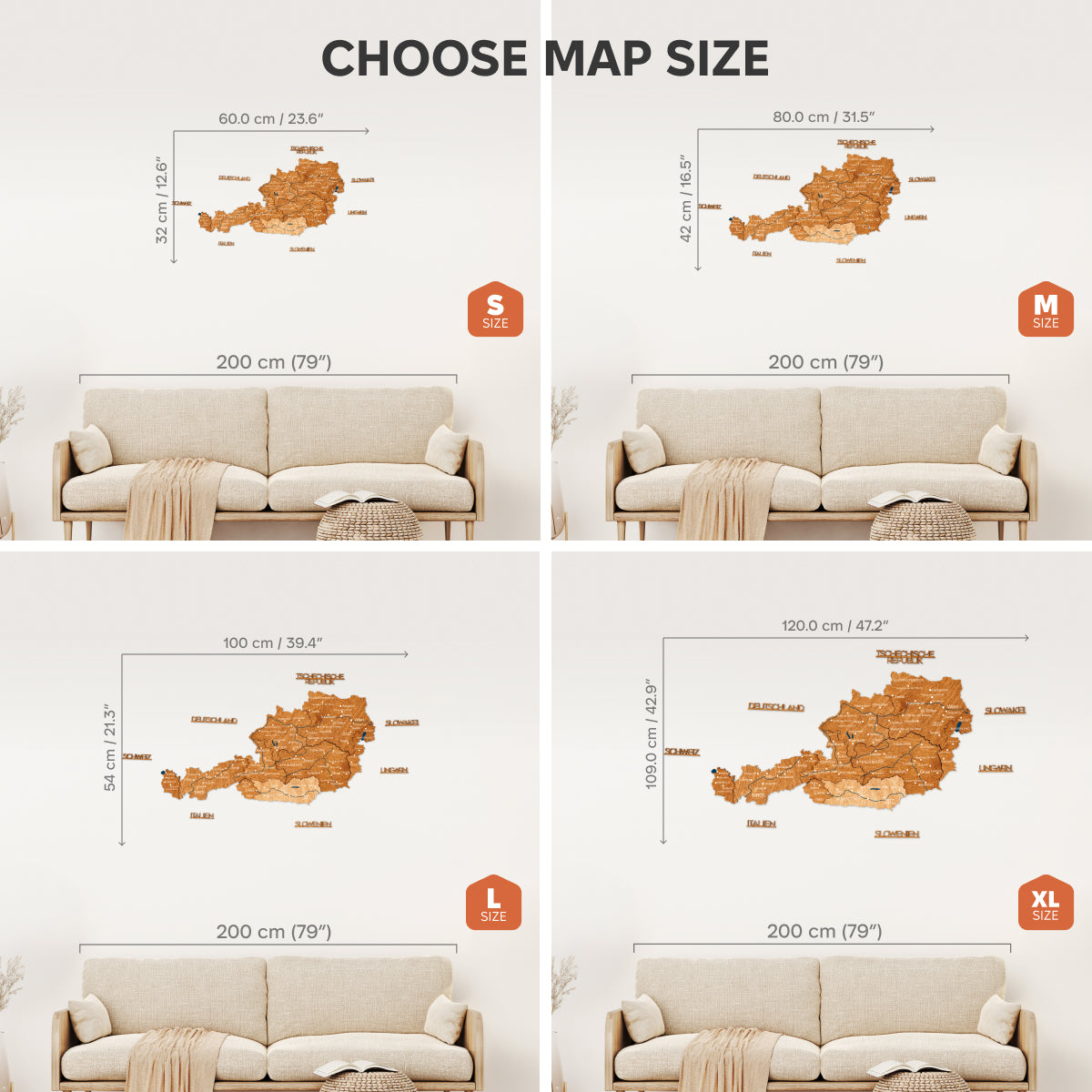 Comparison of map sizes with a sofa for scale on a white background