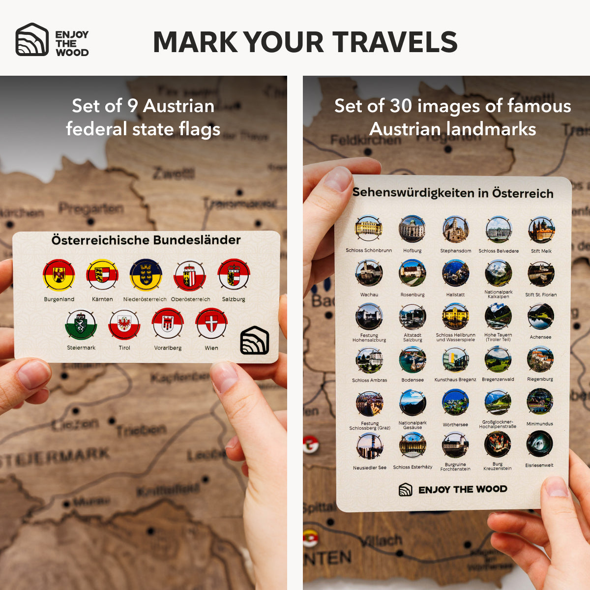Two sets of cards with Austrian flags and landmarks on a map background, featuring 'Enjoy The Wood' branding.