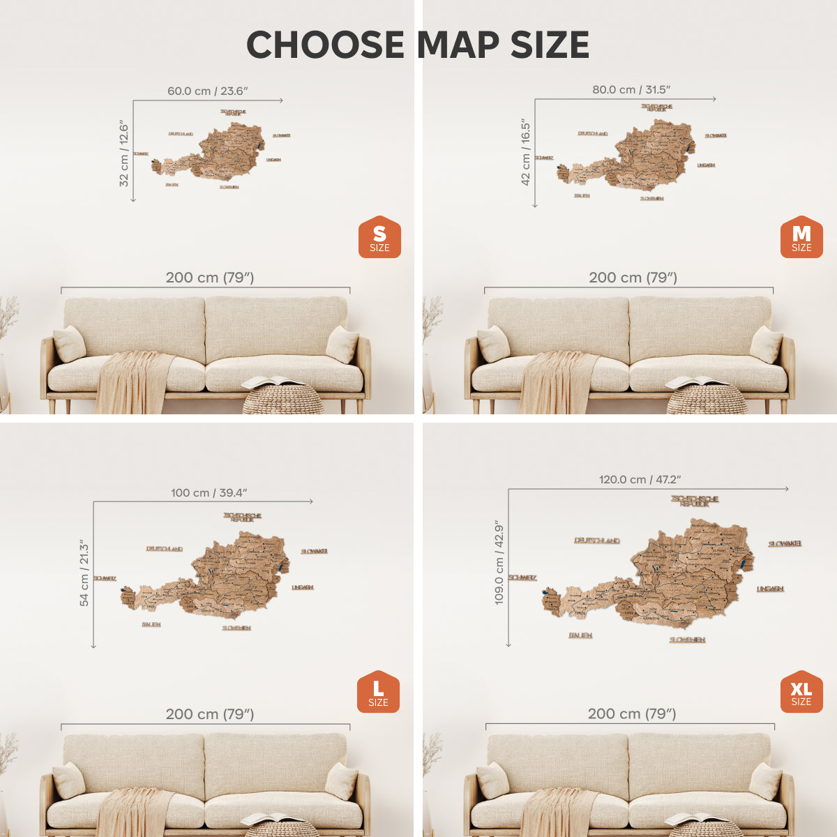 Four size options of a map displayed next to a sofa for scale.