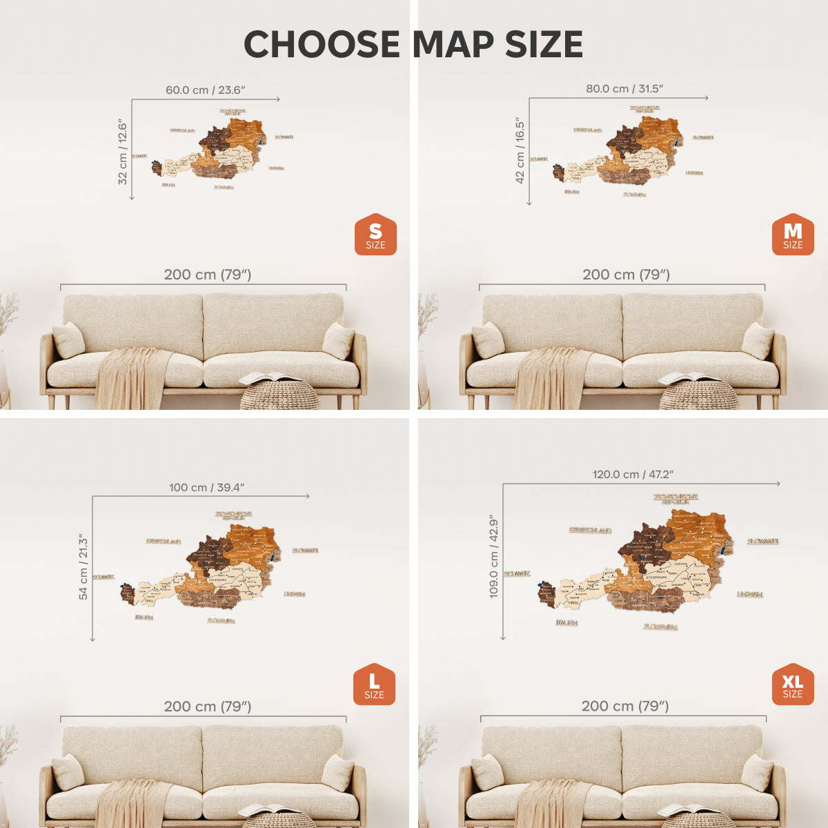 Four size options of a map decal displayed on a wall with a beige sofa.