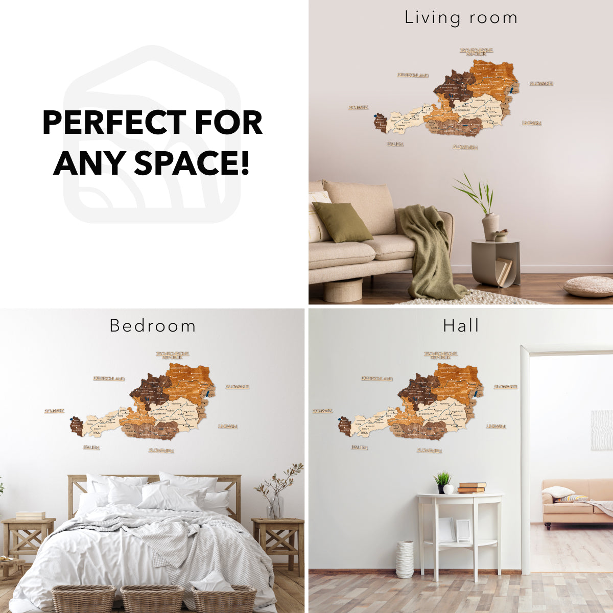 Map wall decal shown in various rooms with text 'Perfect for any space'.