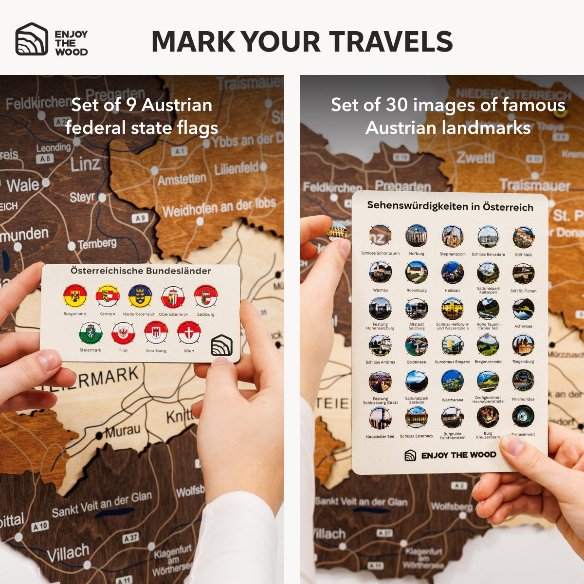 Two sets of cards with Austrian flags and landmarks against a wooden map background.