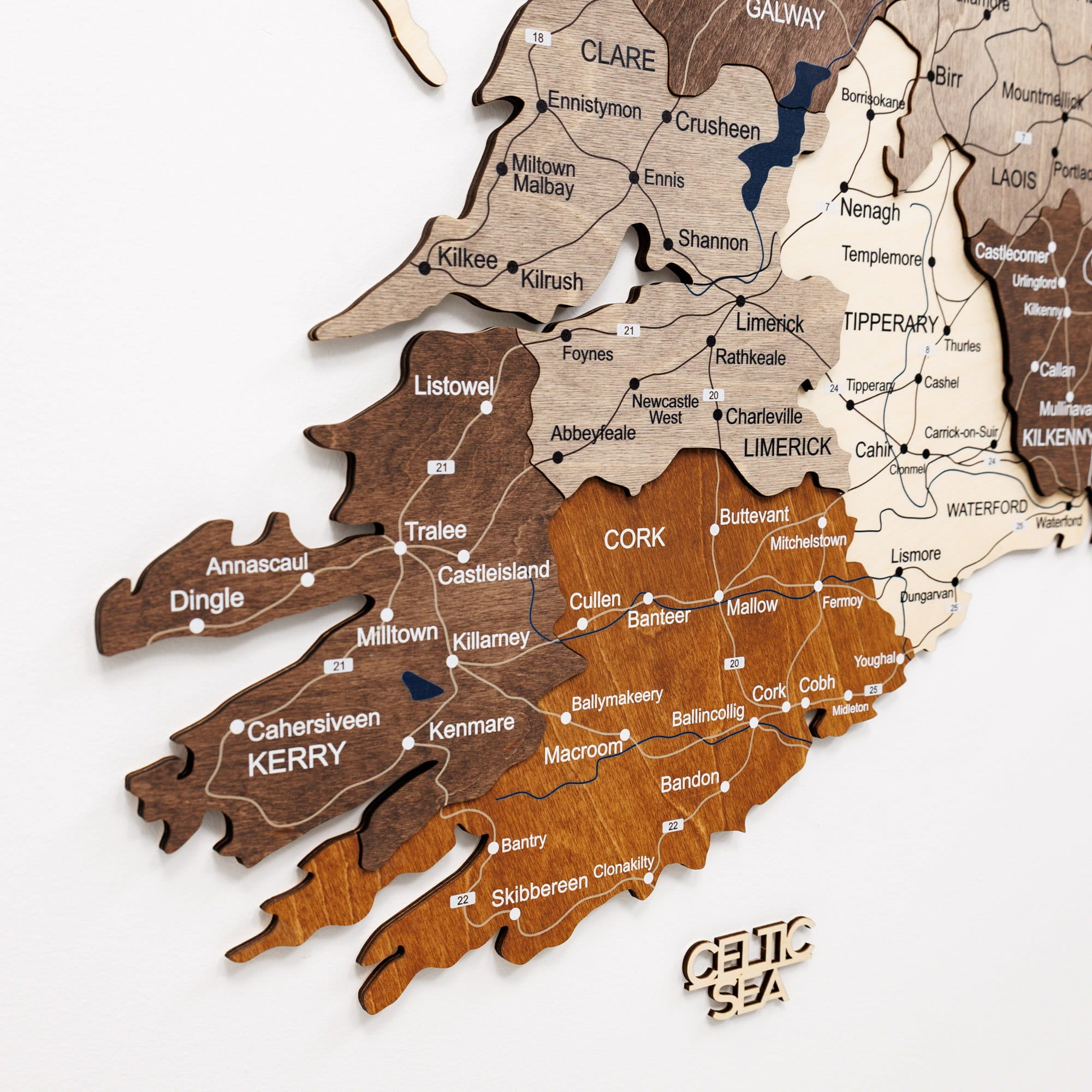 Wooden map of Ireland with different wood tones