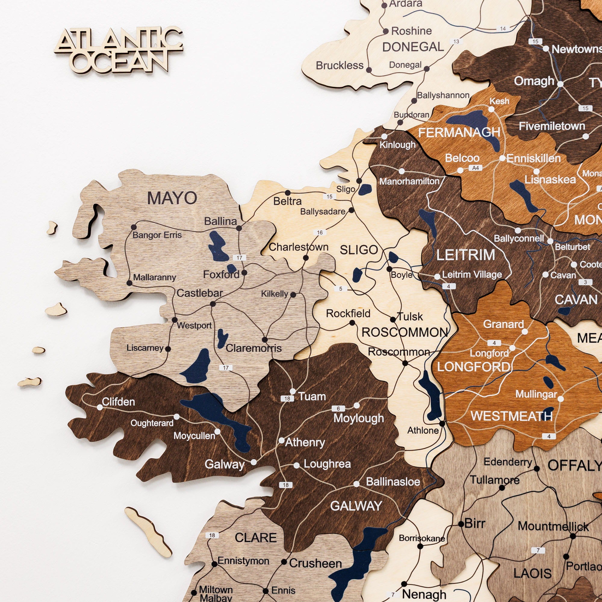 Wooden puzzle map of Ireland with counties labeled