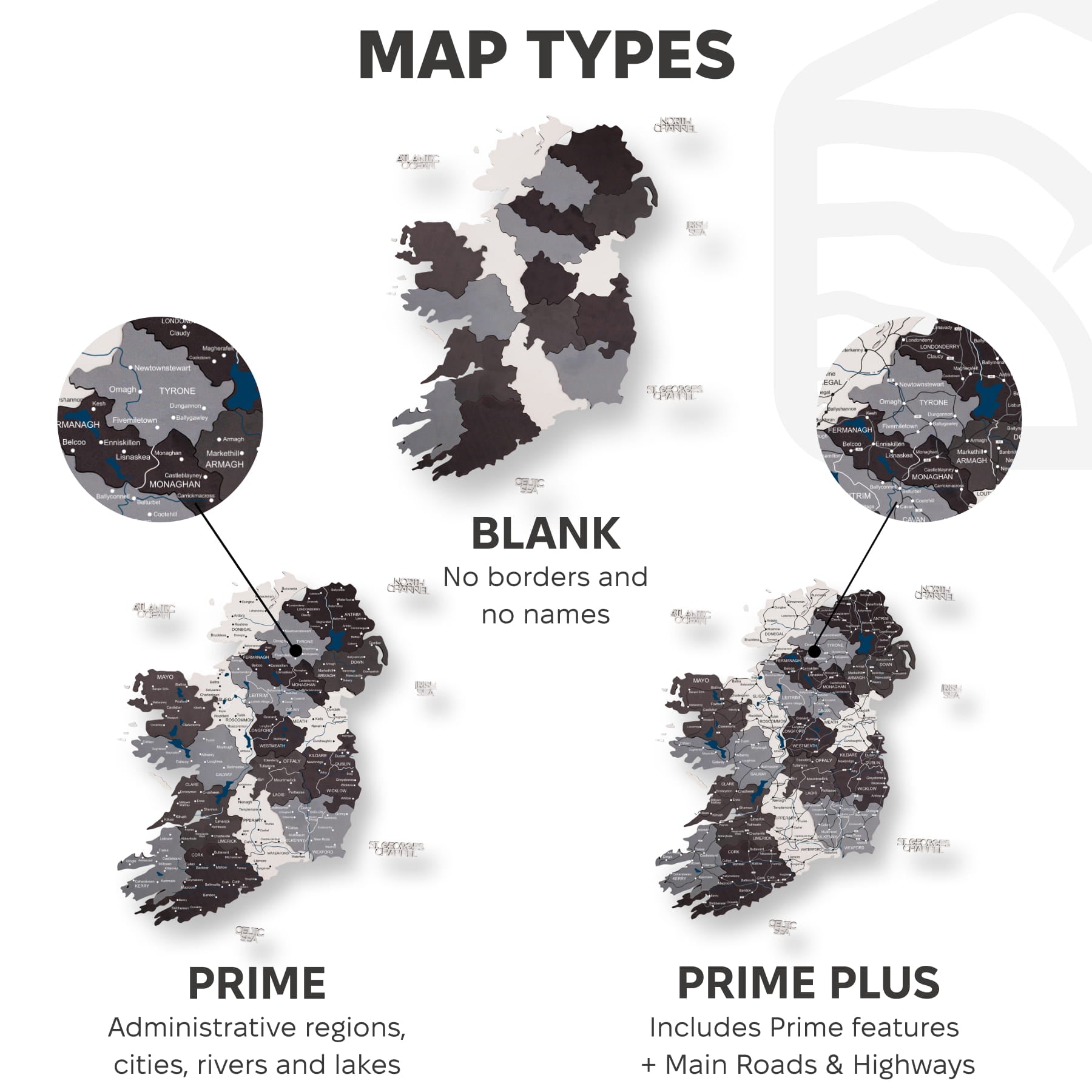 Comparison of map types with labels on a white background