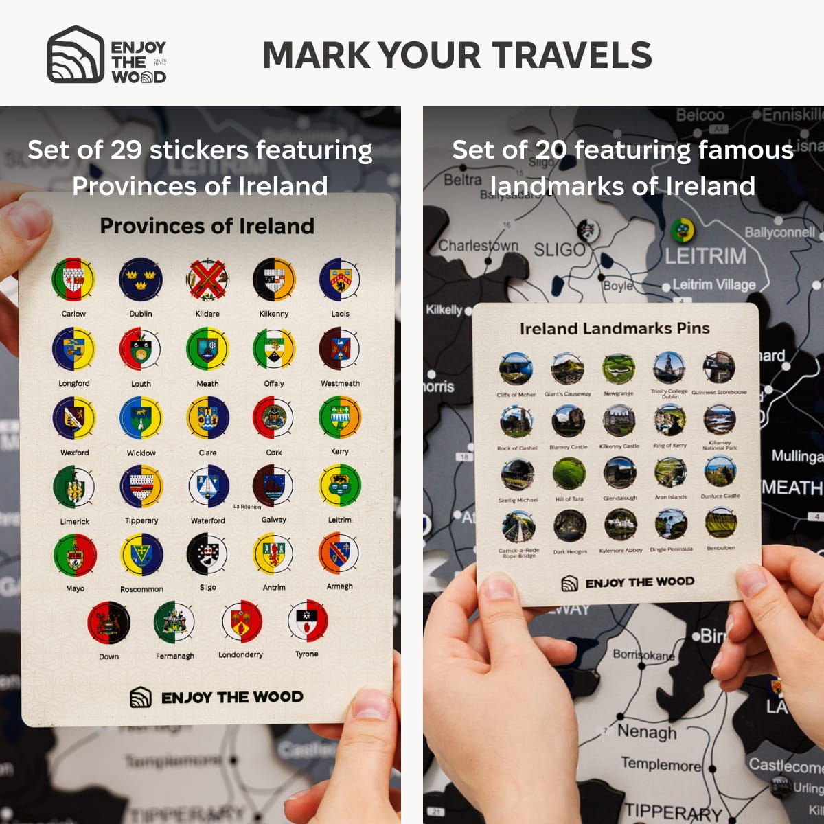 Two sets of stickers featuring provinces and landmarks of Ireland held over a map.
