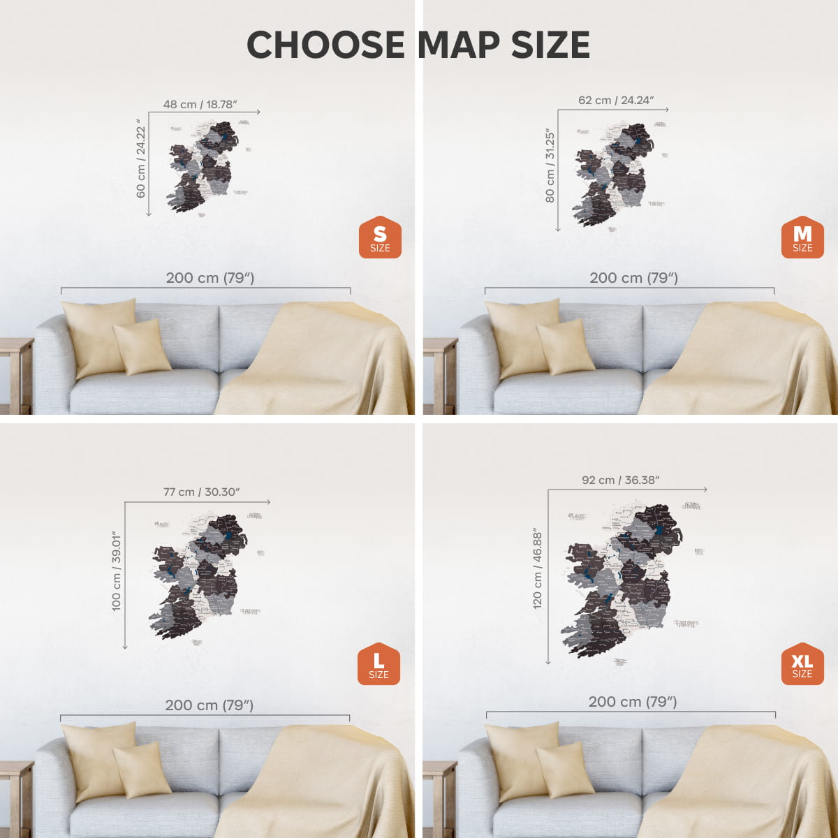 Map size selection guide for a wall decoration with a sofa in the background.