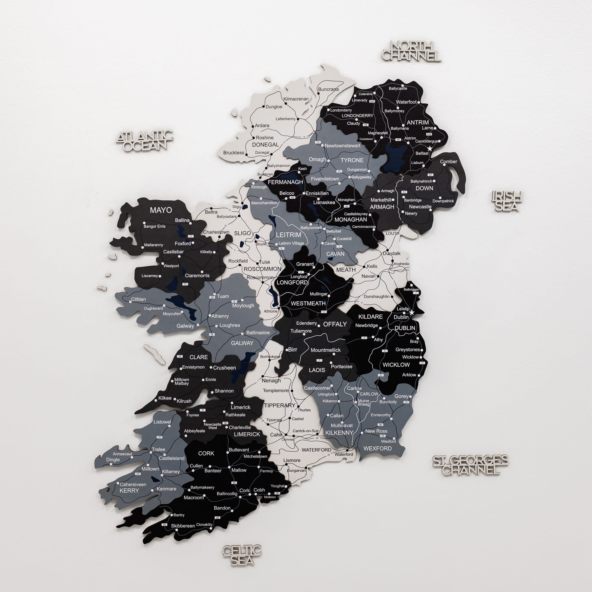 Map of Ireland with county names on a white background