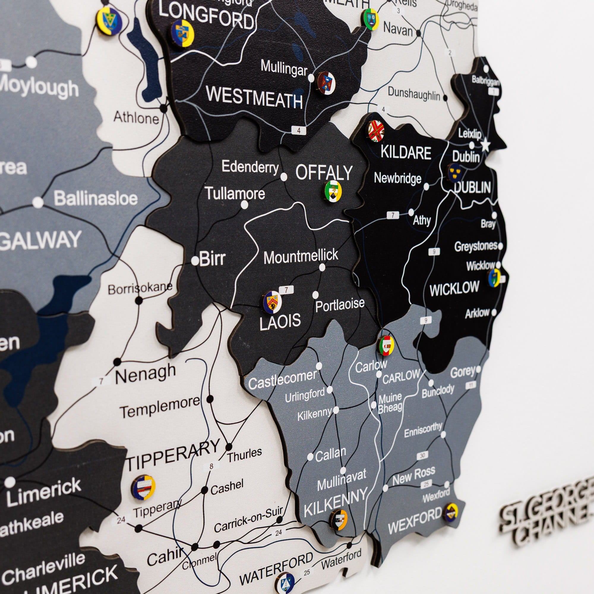Map of Ireland with counties labeled, featuring a close-up view.
