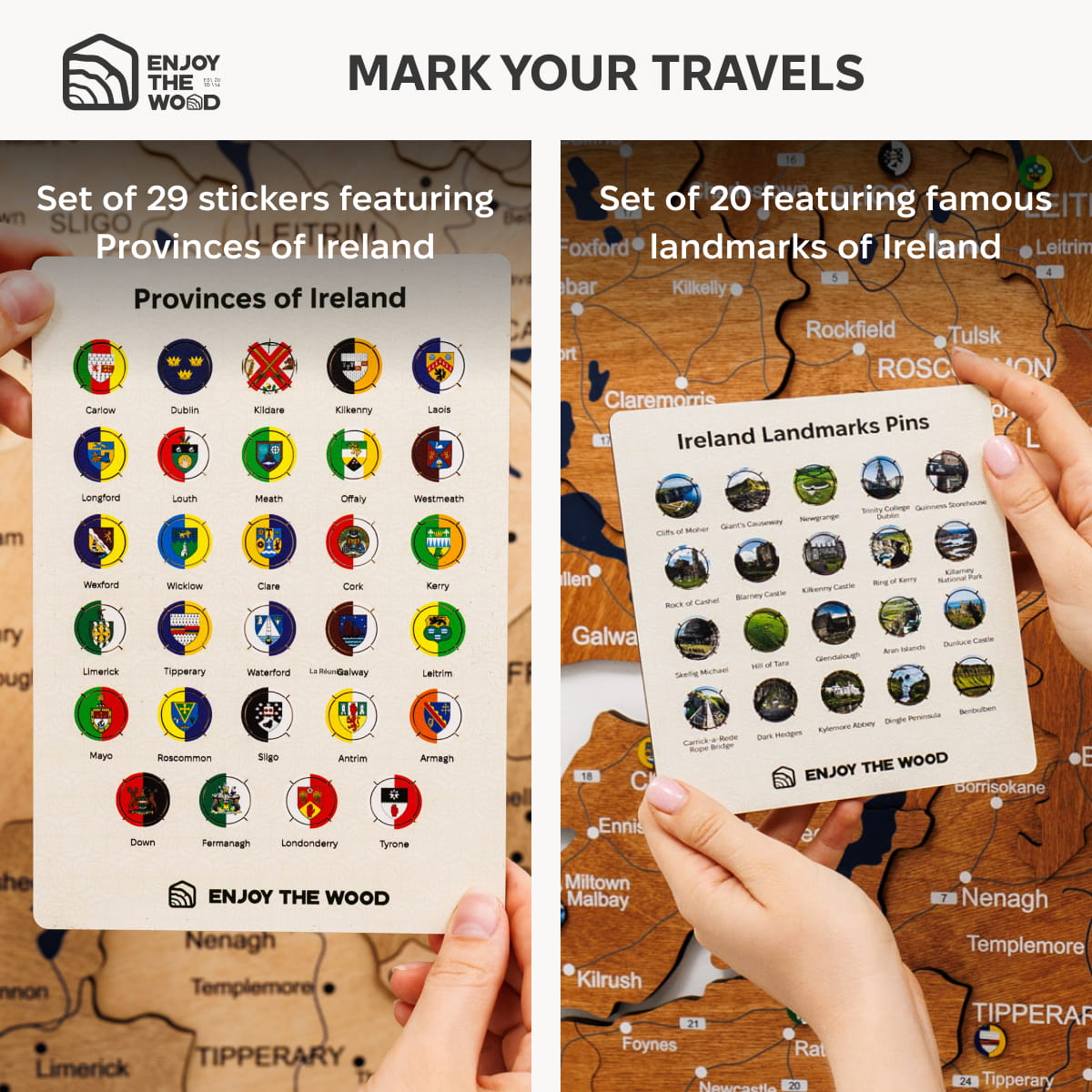 Two sets of stickers featuring provinces and landmarks of Ireland held over a map.