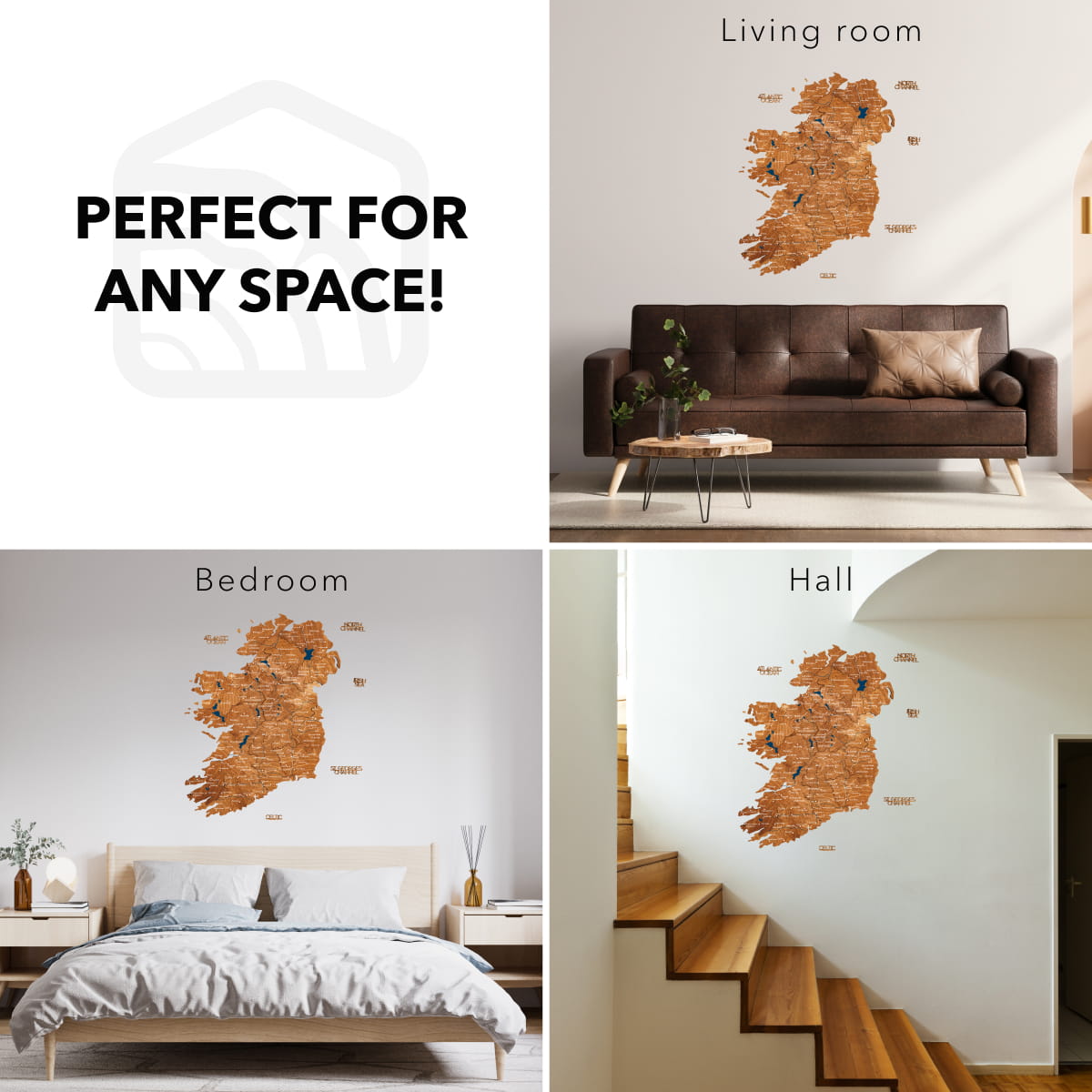Wooden map wall decal displayed in living room, bedroom, and hall settings with text 'Perfect for any space!'.