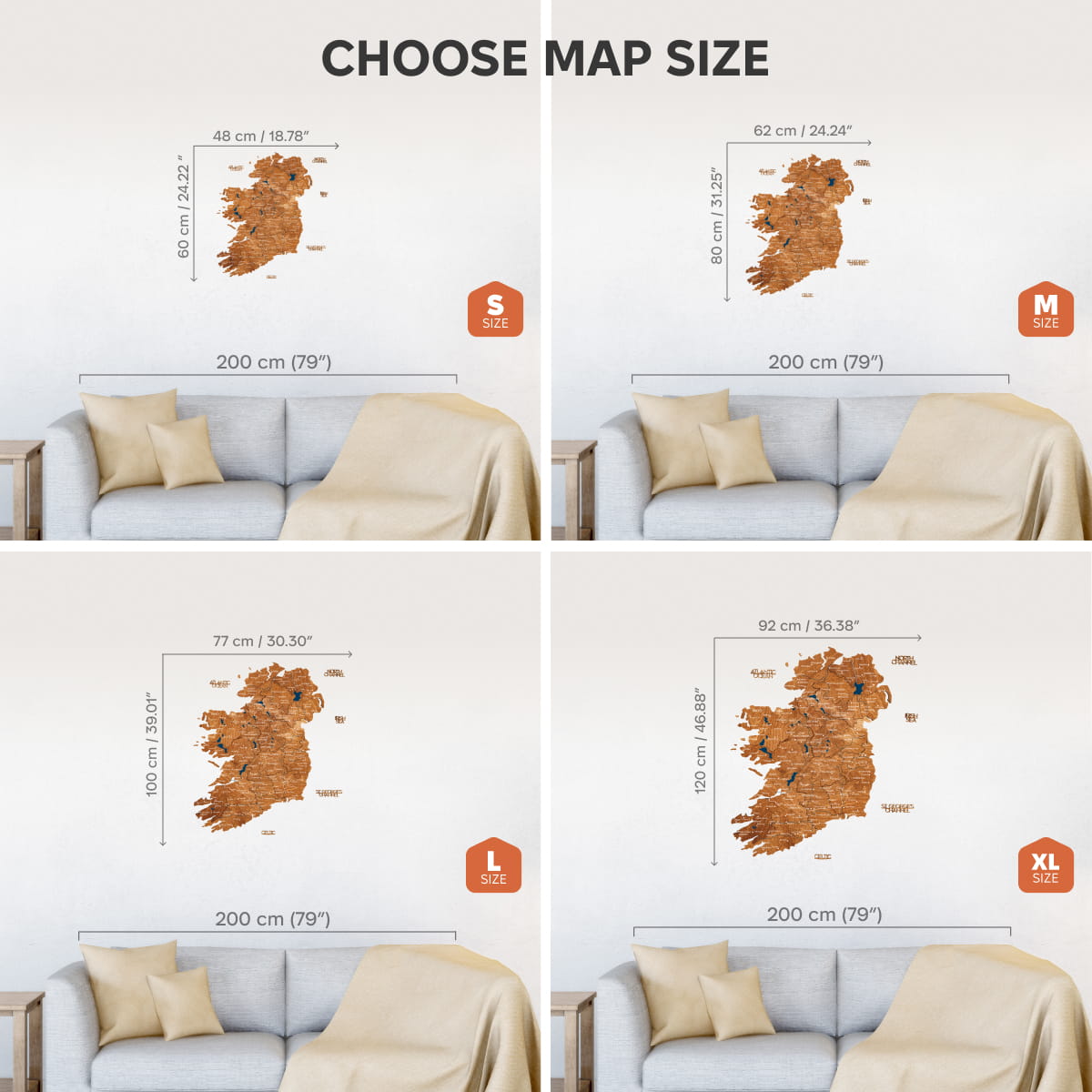 Comparison of different sizes of a map of Ireland on a wall above a sofa.